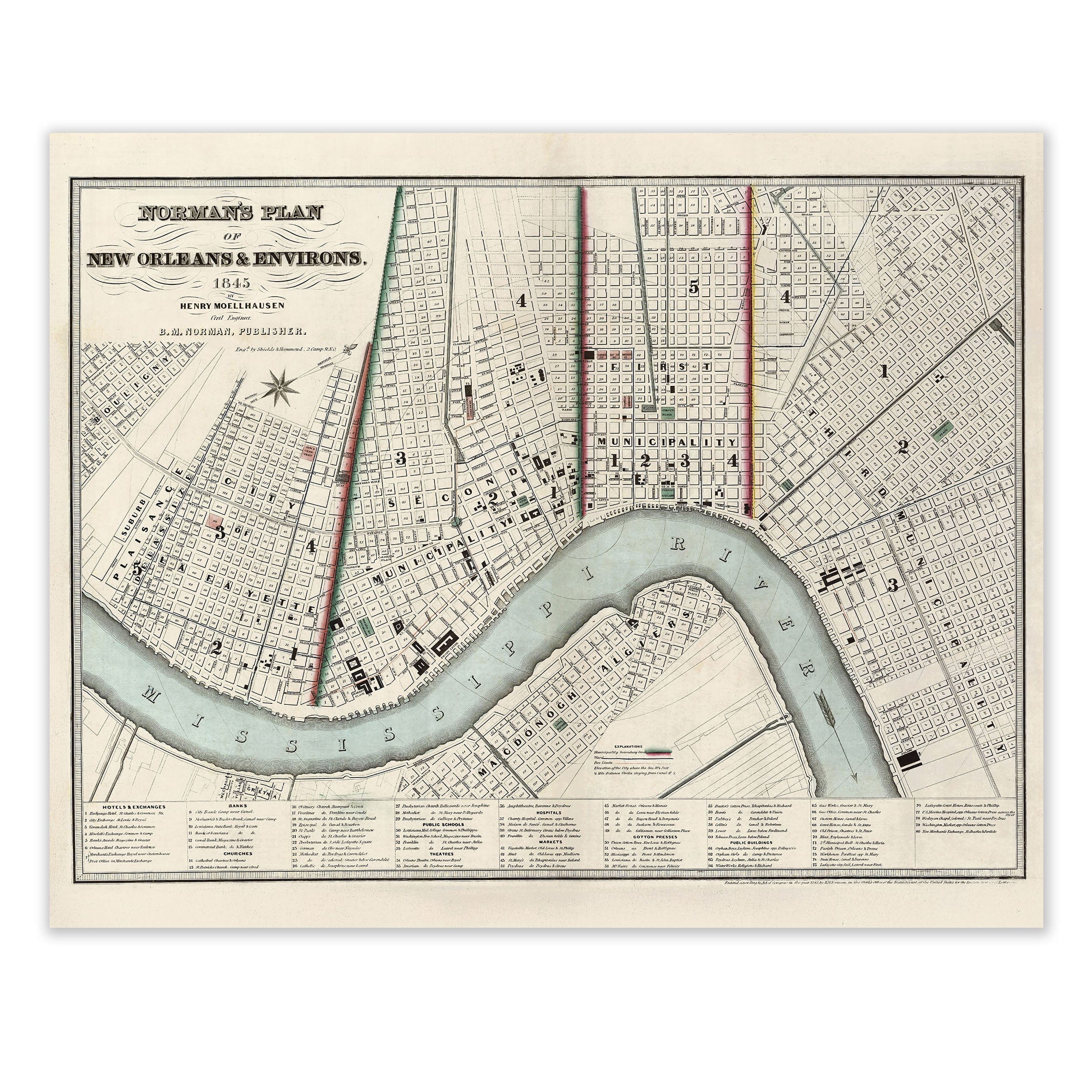 Vintage New Orleans Map - 1845 Norman's Plan of New Orleans & Environs - Archive Prints