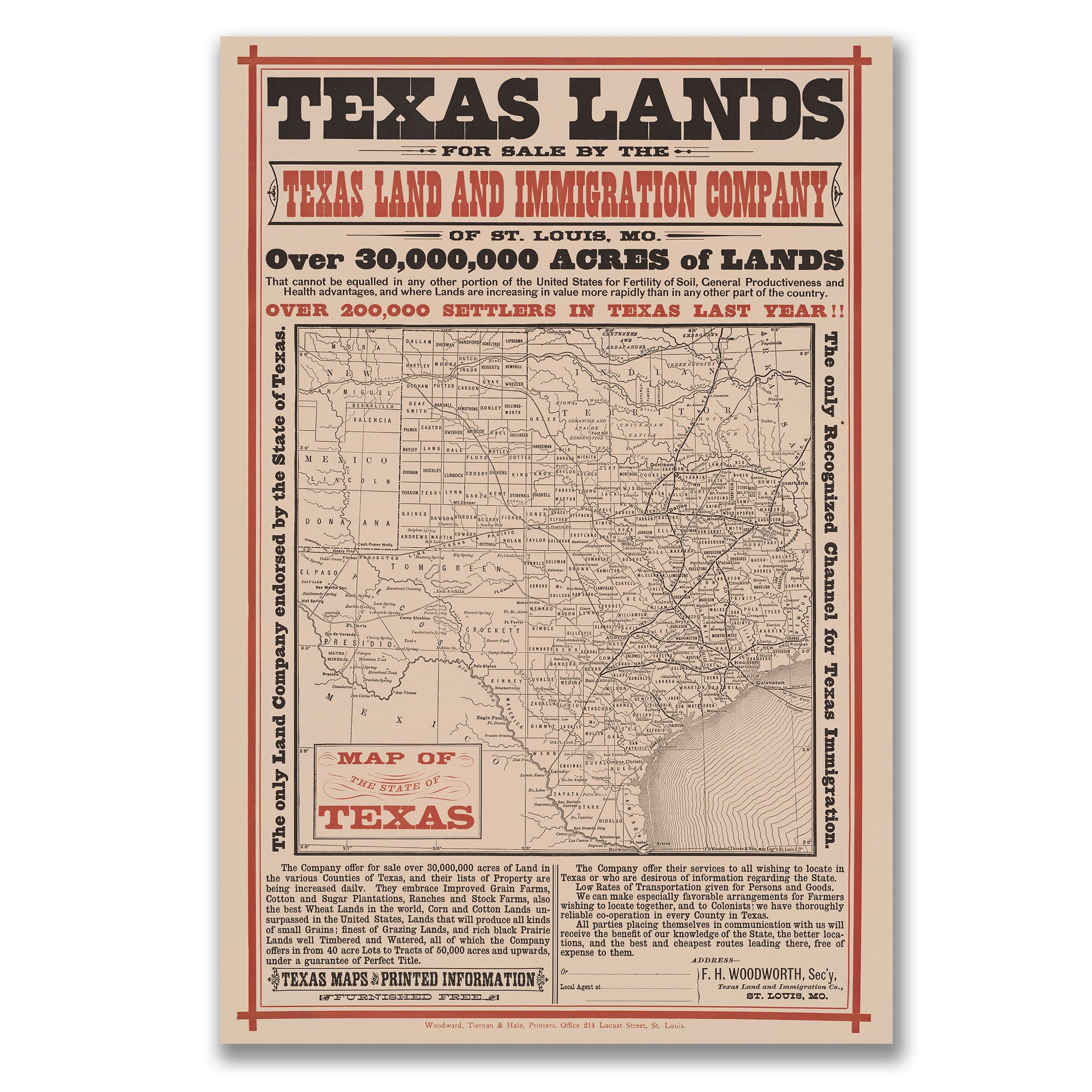 Texas Lands for Sale by the Texas Land and Immigration Co. c. 1890 - Archive Prints
