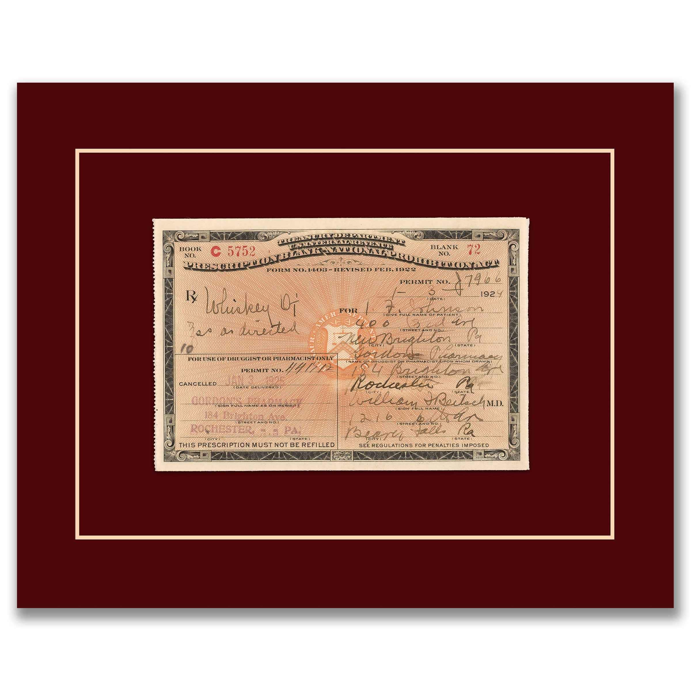 Prohibition Medicinal Whiskey Prescription - Historic Legal Loophole Document