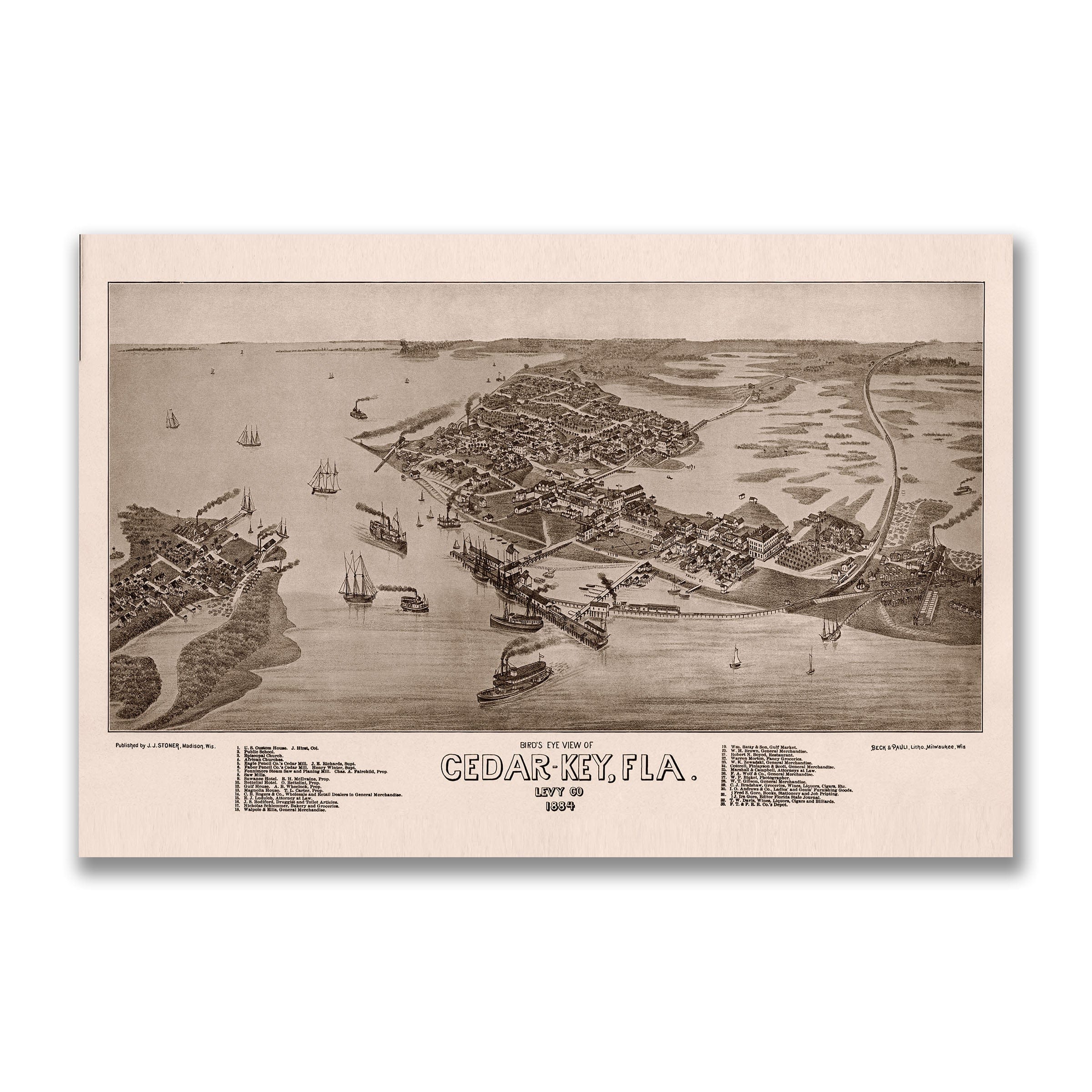 Cedar Key Florida Map - 1884 Historic Gulf Coast Bird's-Eye View