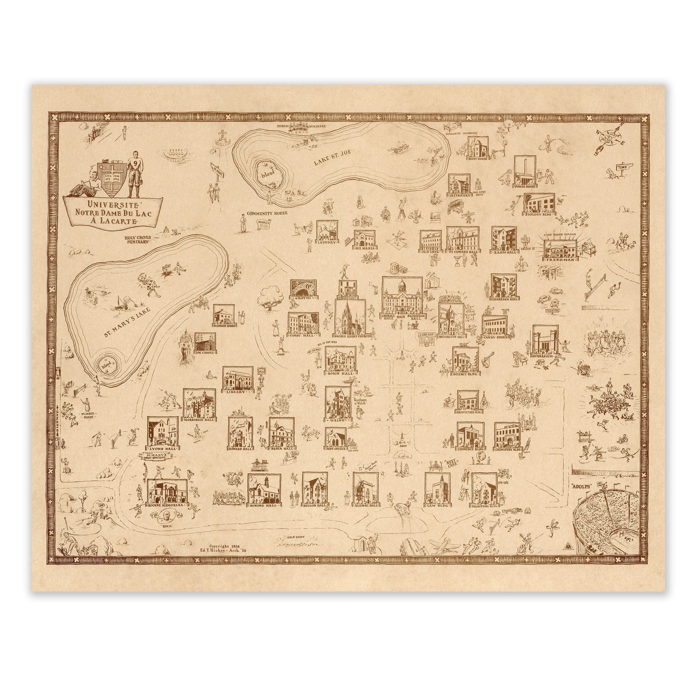 Université Notre Dame Campus Map 1938 - Ed Hickey Campus Map - Archive Prints