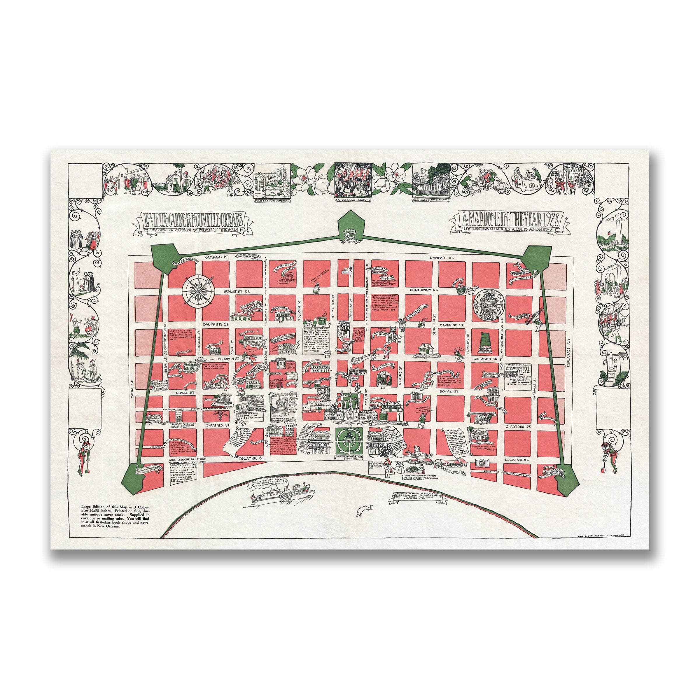 Vieux Carre, Nouvelle Orleans Vintage Map 1928 - French Quarter Pictorial - Archive Prints