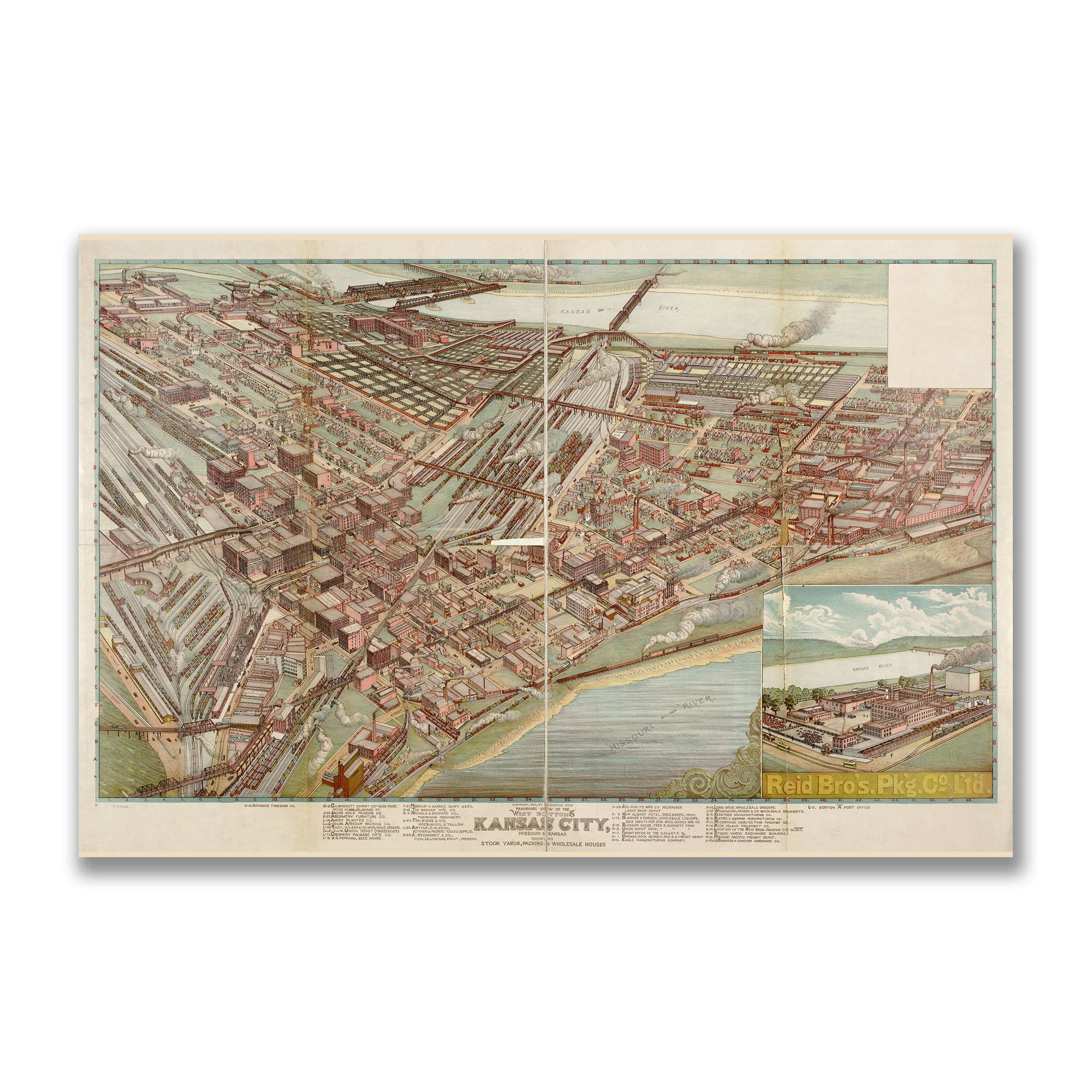 West Bottoms, Kansas City, Missouri Vintage Map 1895 - Bird's Eye View - Archive Prints