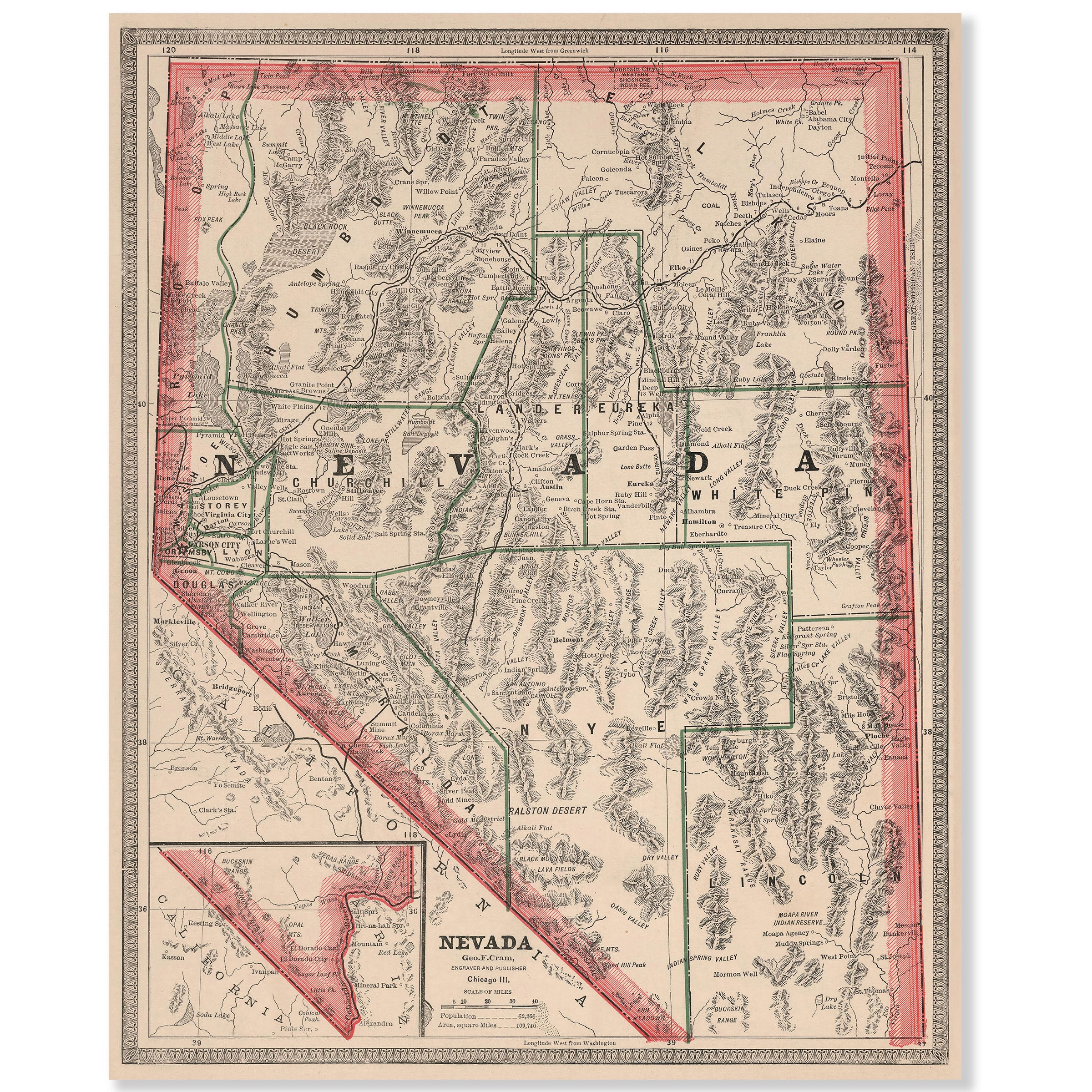 Nevada Map - Vintage 1883 Historical Map