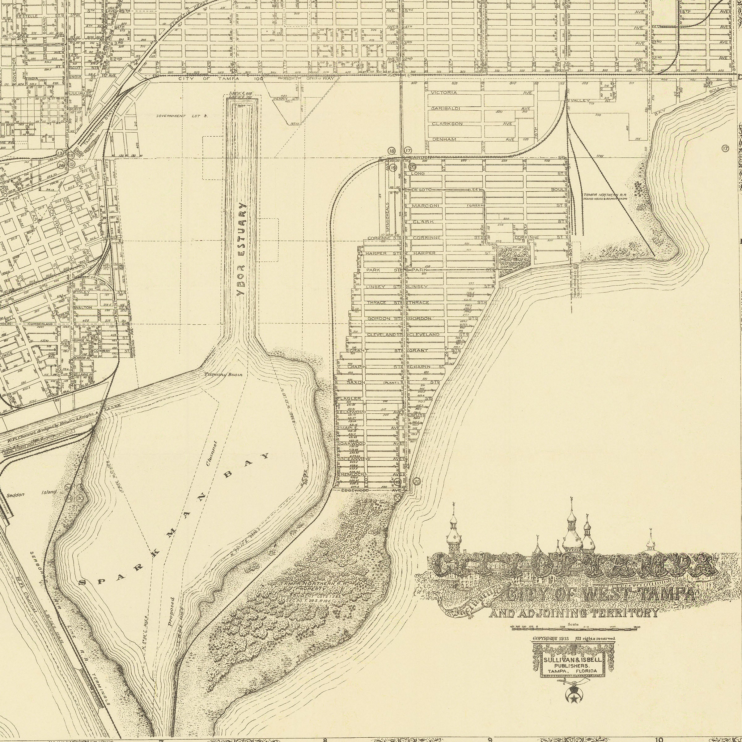 City of Tampa Including City of West Tampa and Adjoining Territory - Vintage 1913 Map Lithograph