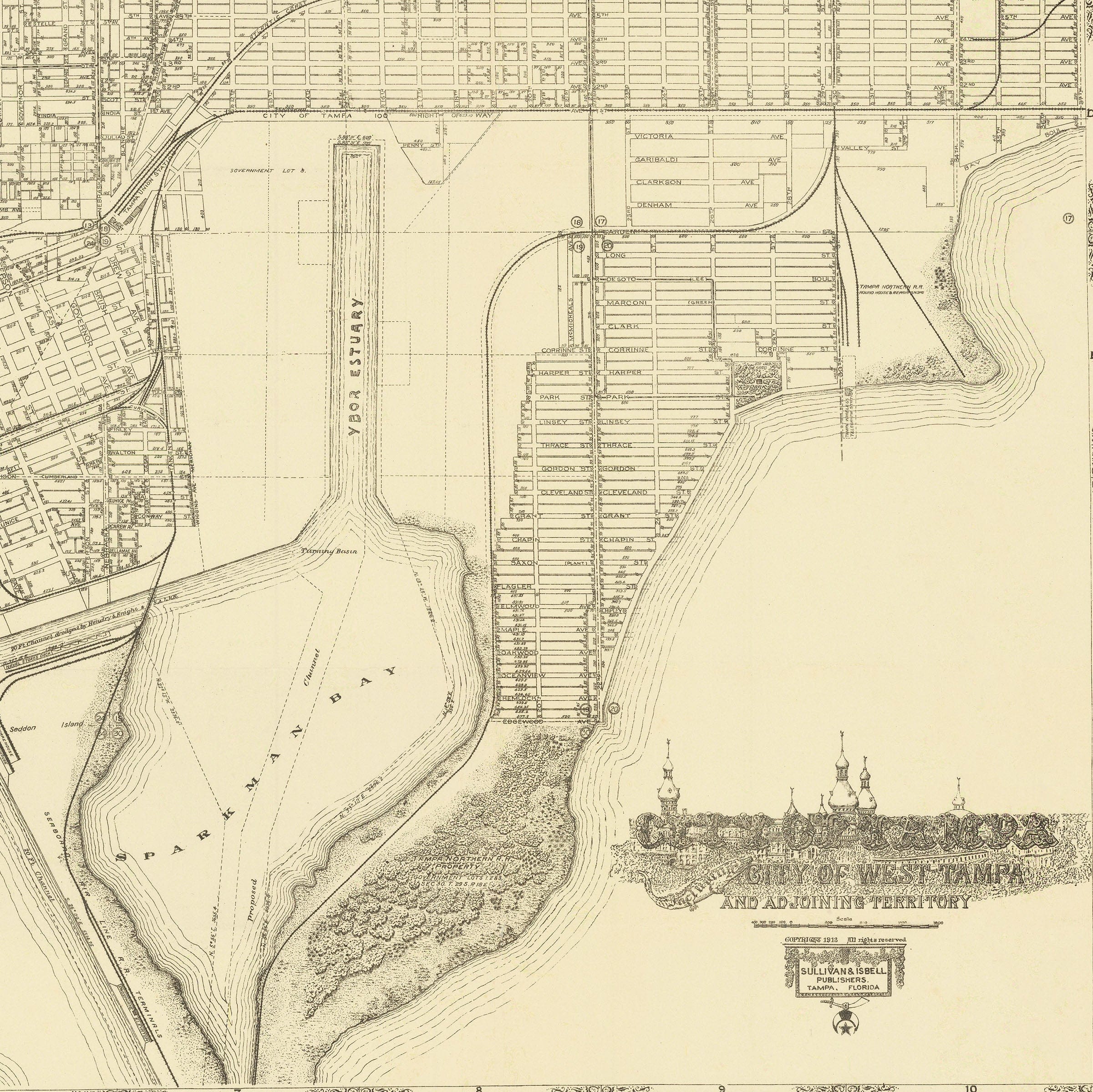 Tampa Vintage Map - 1913 Lithograph of City of Tampa, West Tampa, and Surrounding Areas - Archive Prints