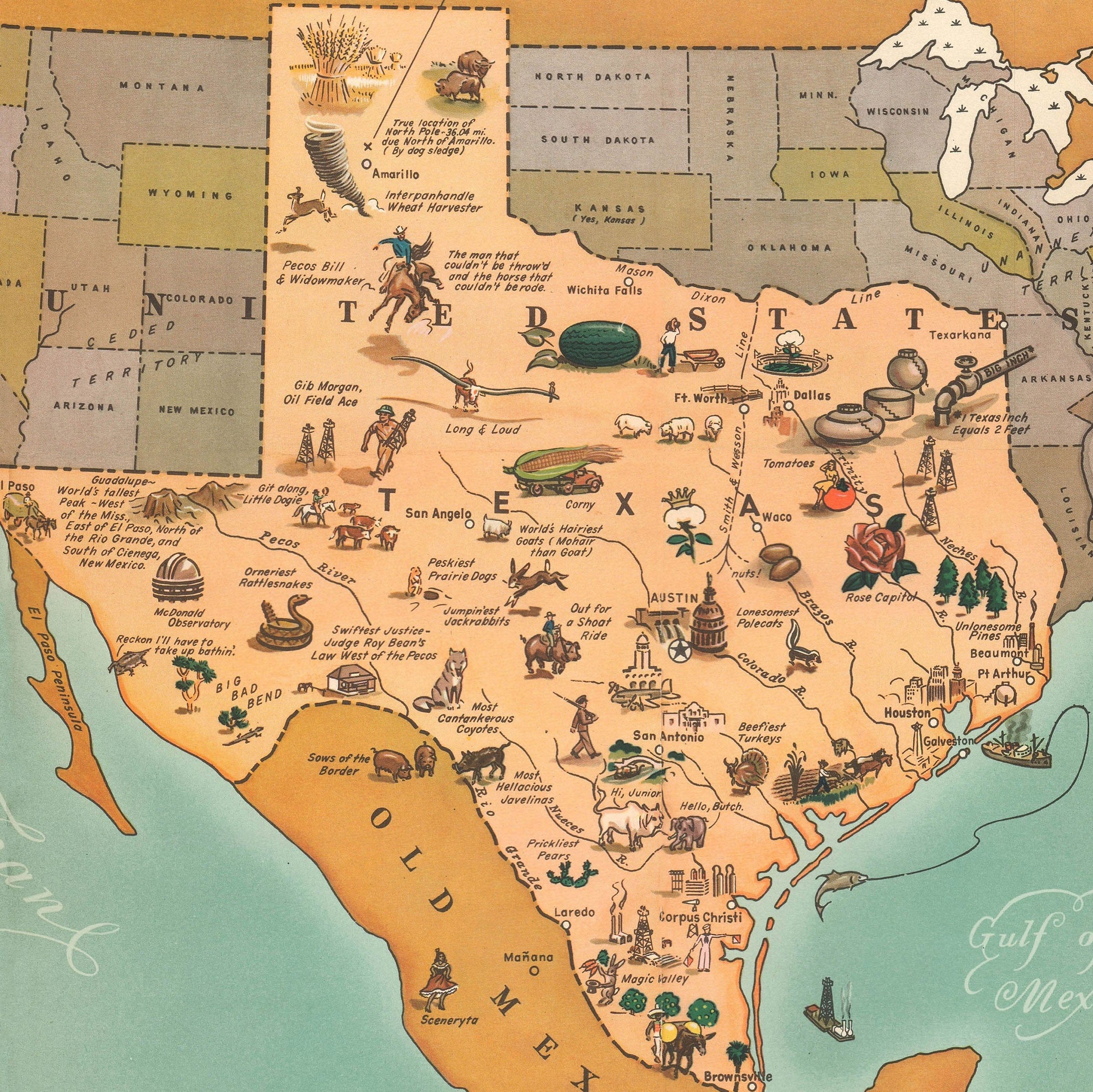 Texas Brags Pictorial Map of North America 1936 - Humorous Map - Archive Prints