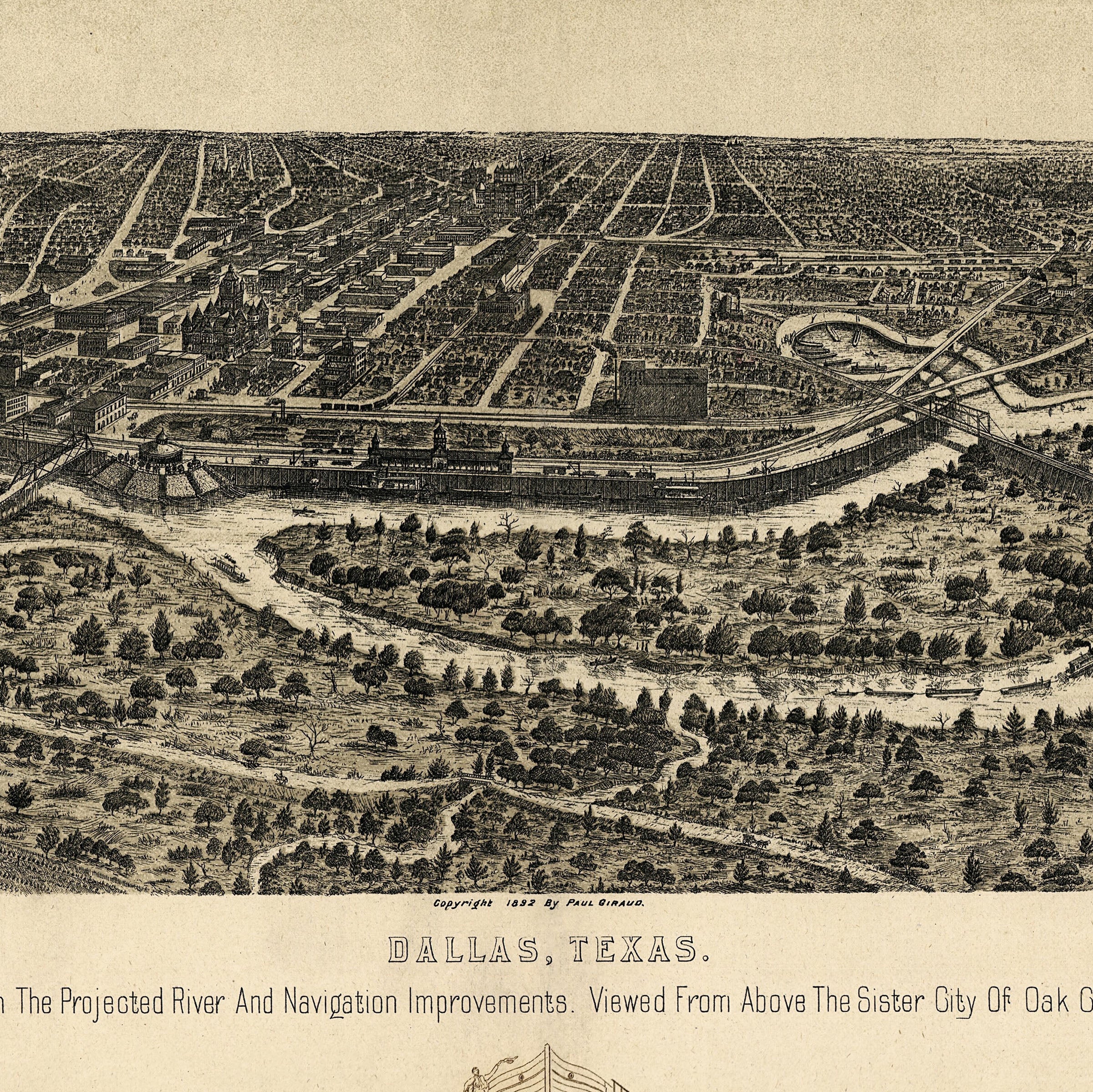 Dallas Texas Map 1892 - Vintage Bird's Eye View with Trinity River Navigation Plans