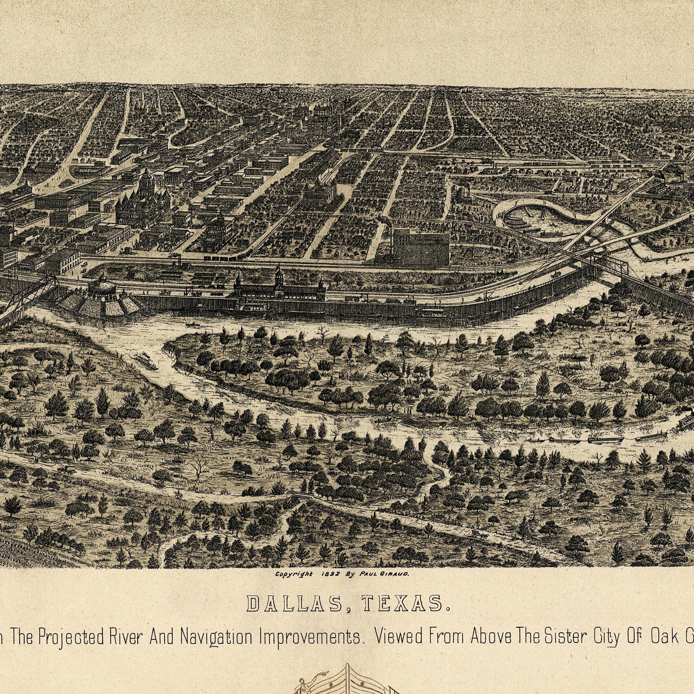 Dallas Texas 1892 Map - Vintage Bird's Eye View with Trinity River Navigation Plans - Archive Prints