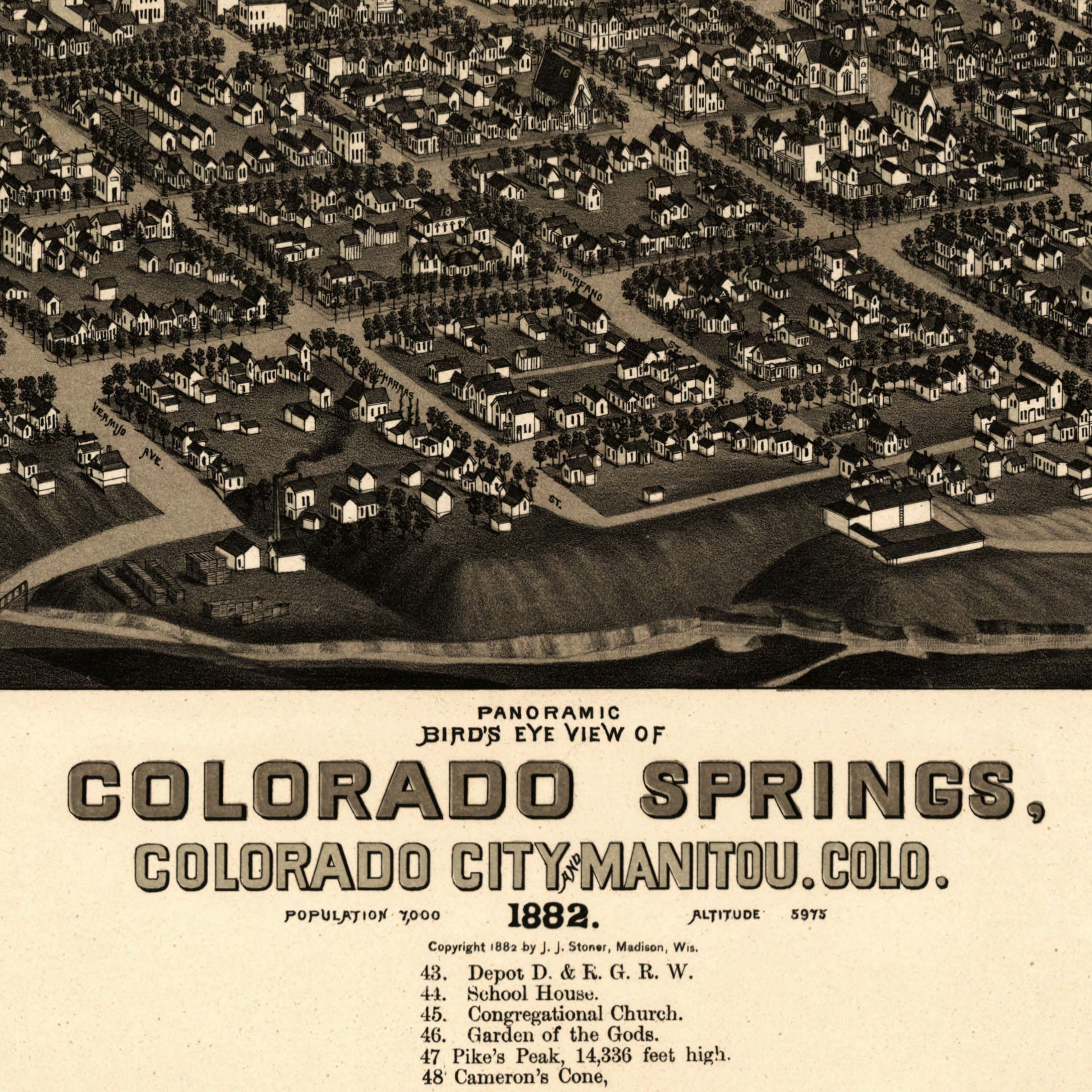 Colorado Springs Vintage Map 1882 - Bird's Eye View Pikes Peak Panoramic Map - Archive Prints