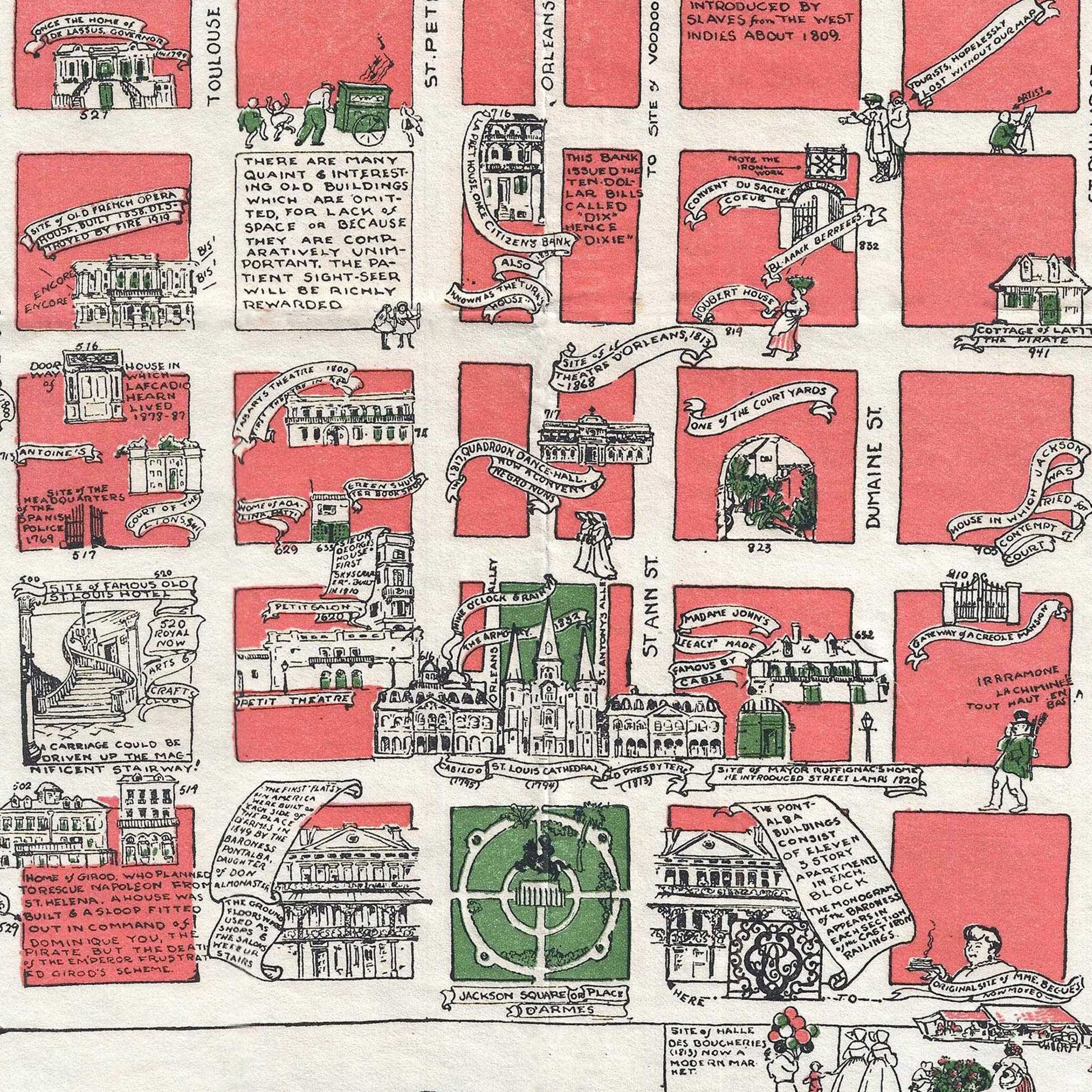 Vieux Carre, Nouvelle Orleans Vintage Map 1928 - French Quarter Pictorial - Archive Prints