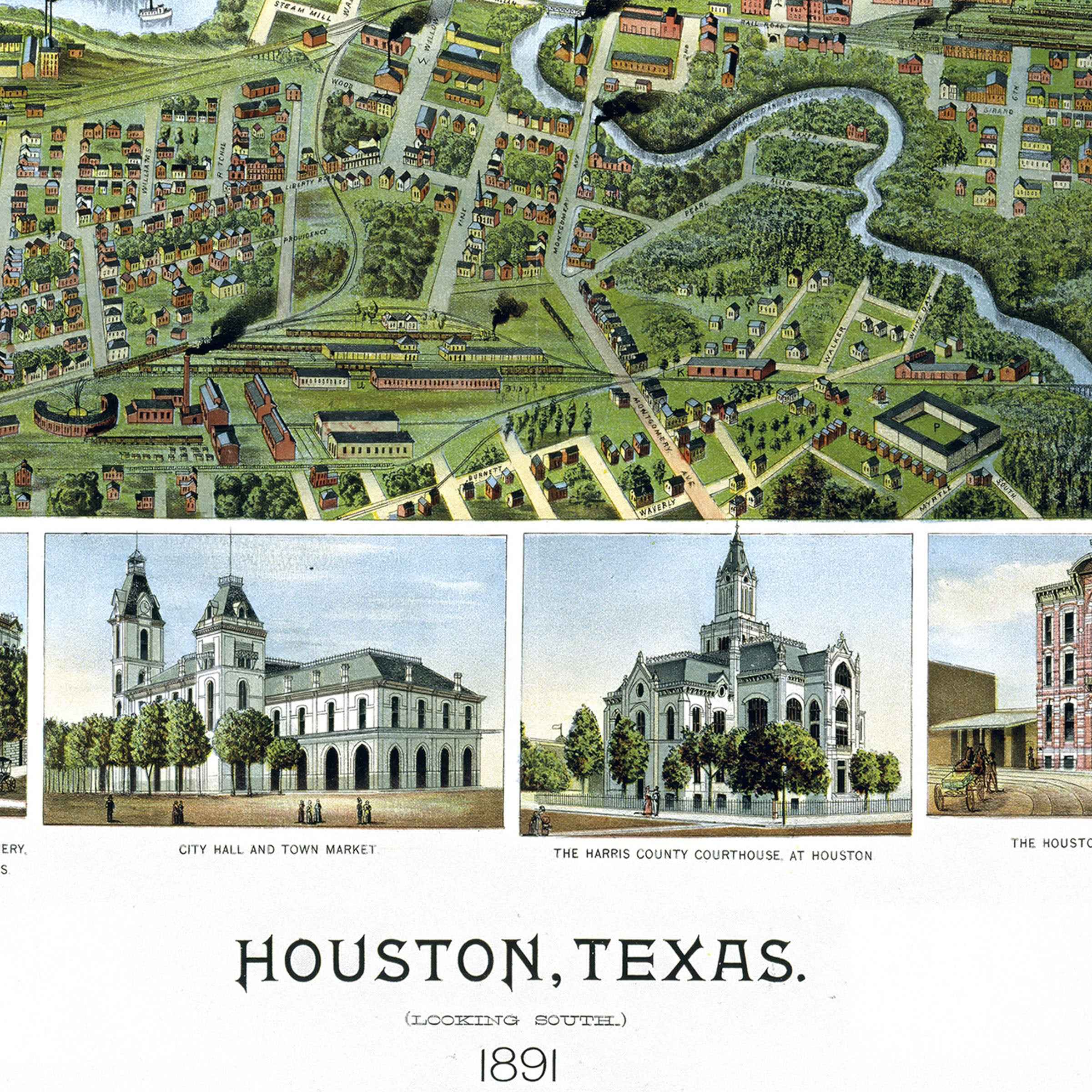 Houston Vintage City Map - 1891 Koch Historical Map of Houston