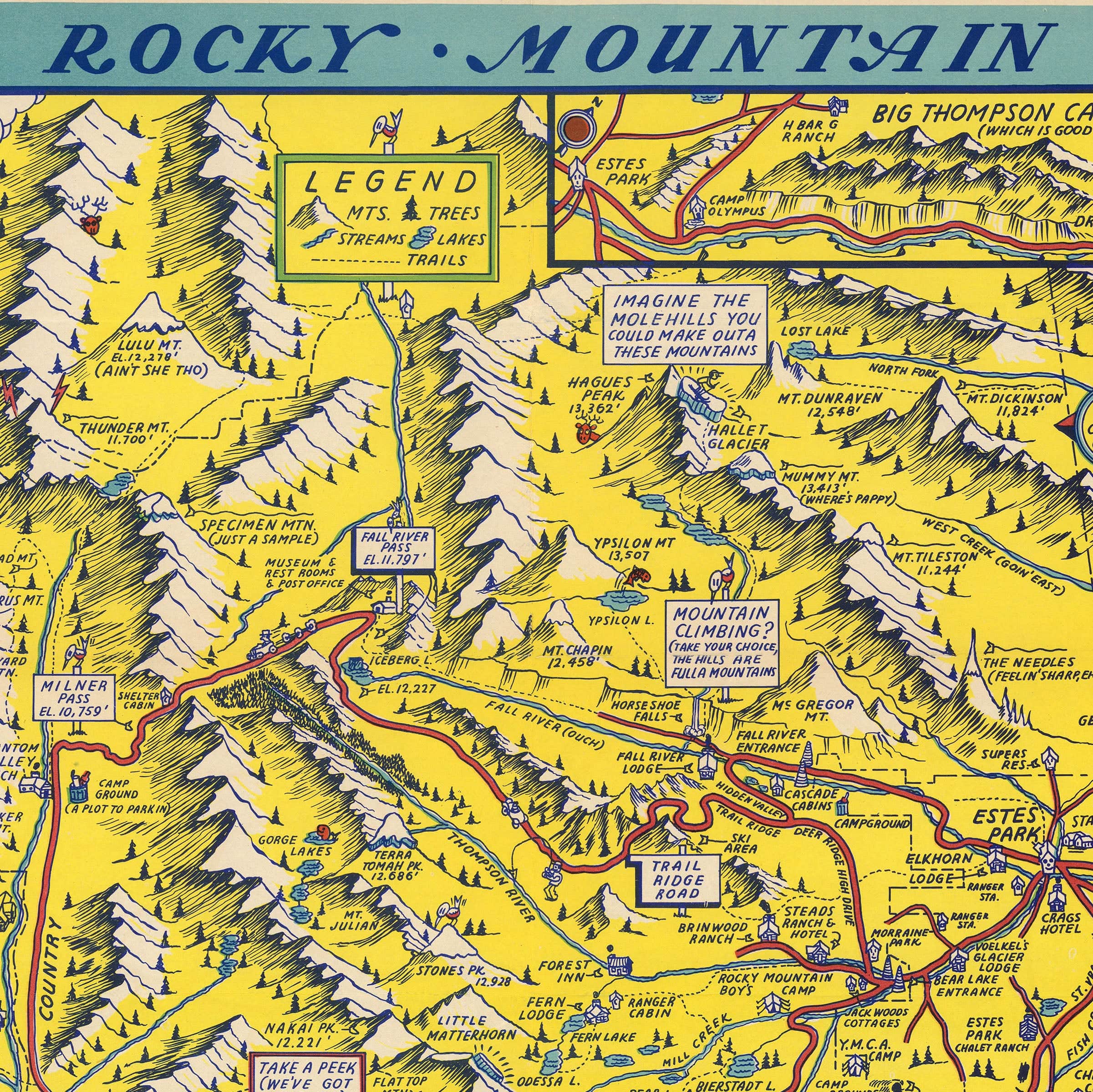 Hysterical Map of Rocky Mountain National Park 1948 - Jolly Lindgren Pictorial Map - Archive Prints