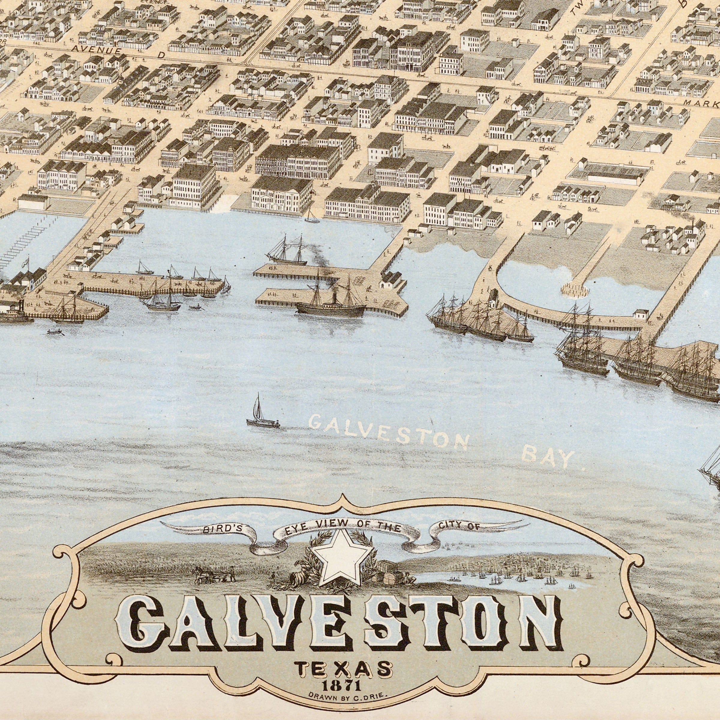 Bird's Eye View of the City of Galveston, Texas 1871 - Archive Prints