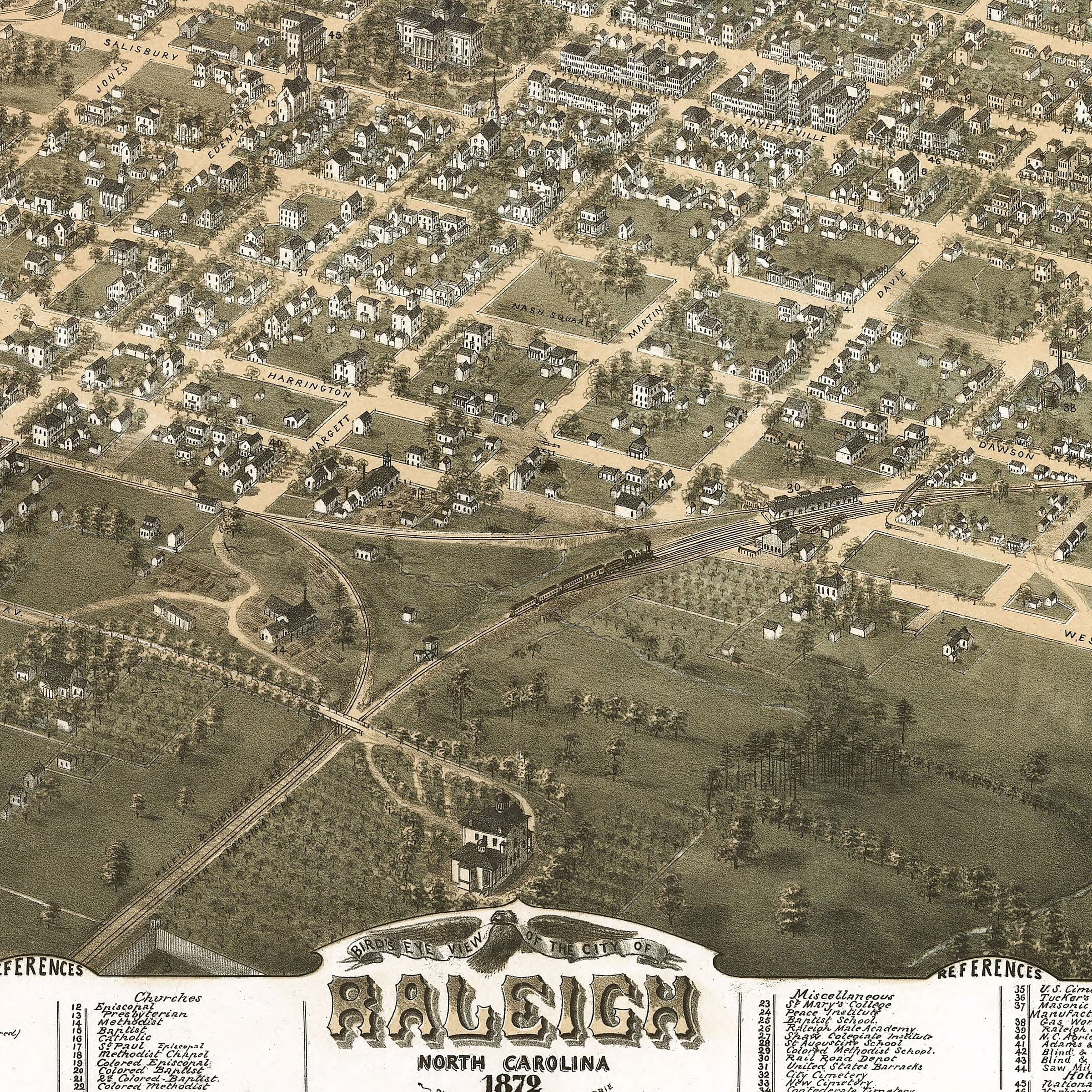 Raleigh, North Carolina Vintage Map 1872 - Bird's Eye View - Archive Prints