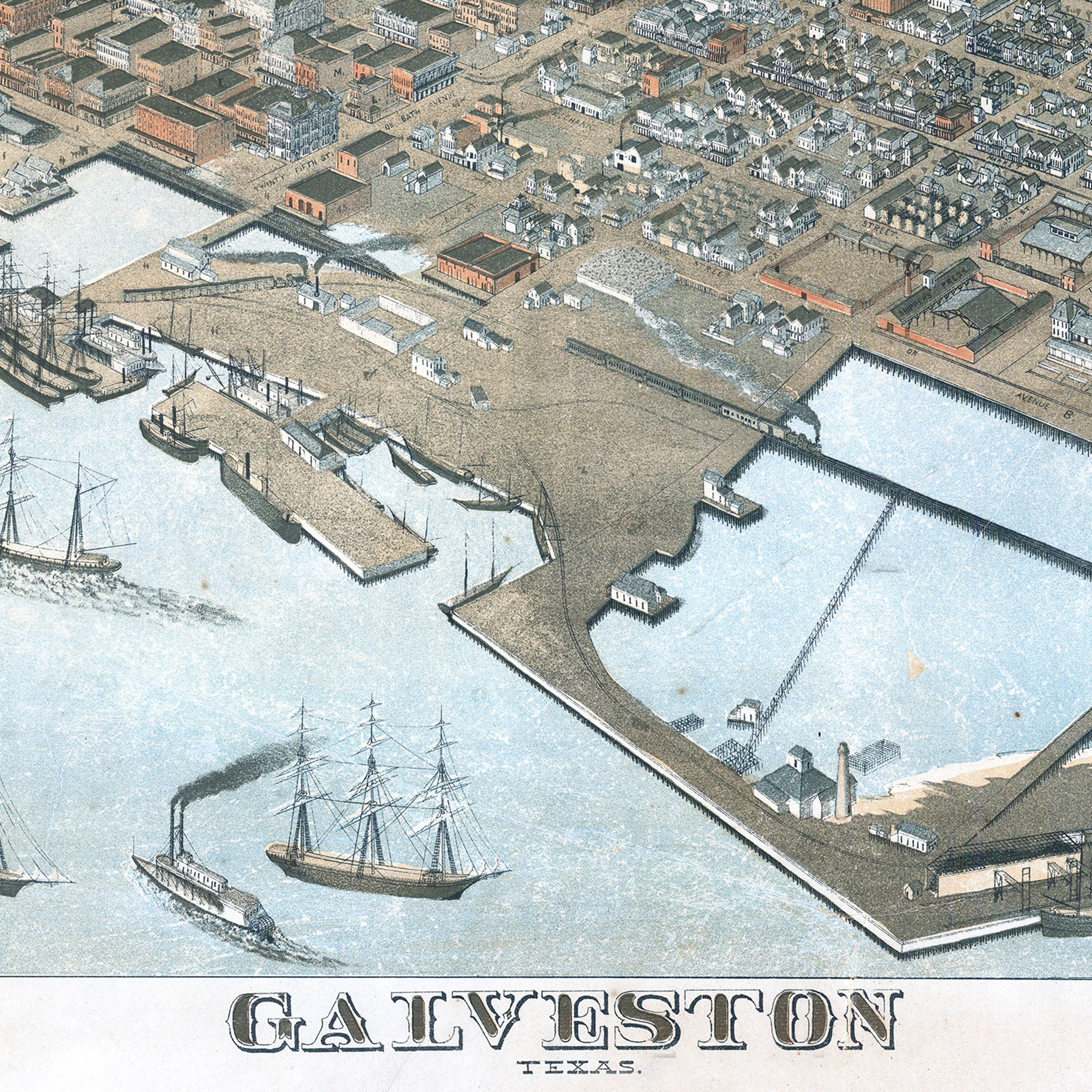 Galveston Bird's-Eye Map - Vintage 1885 Koch Historical City Map