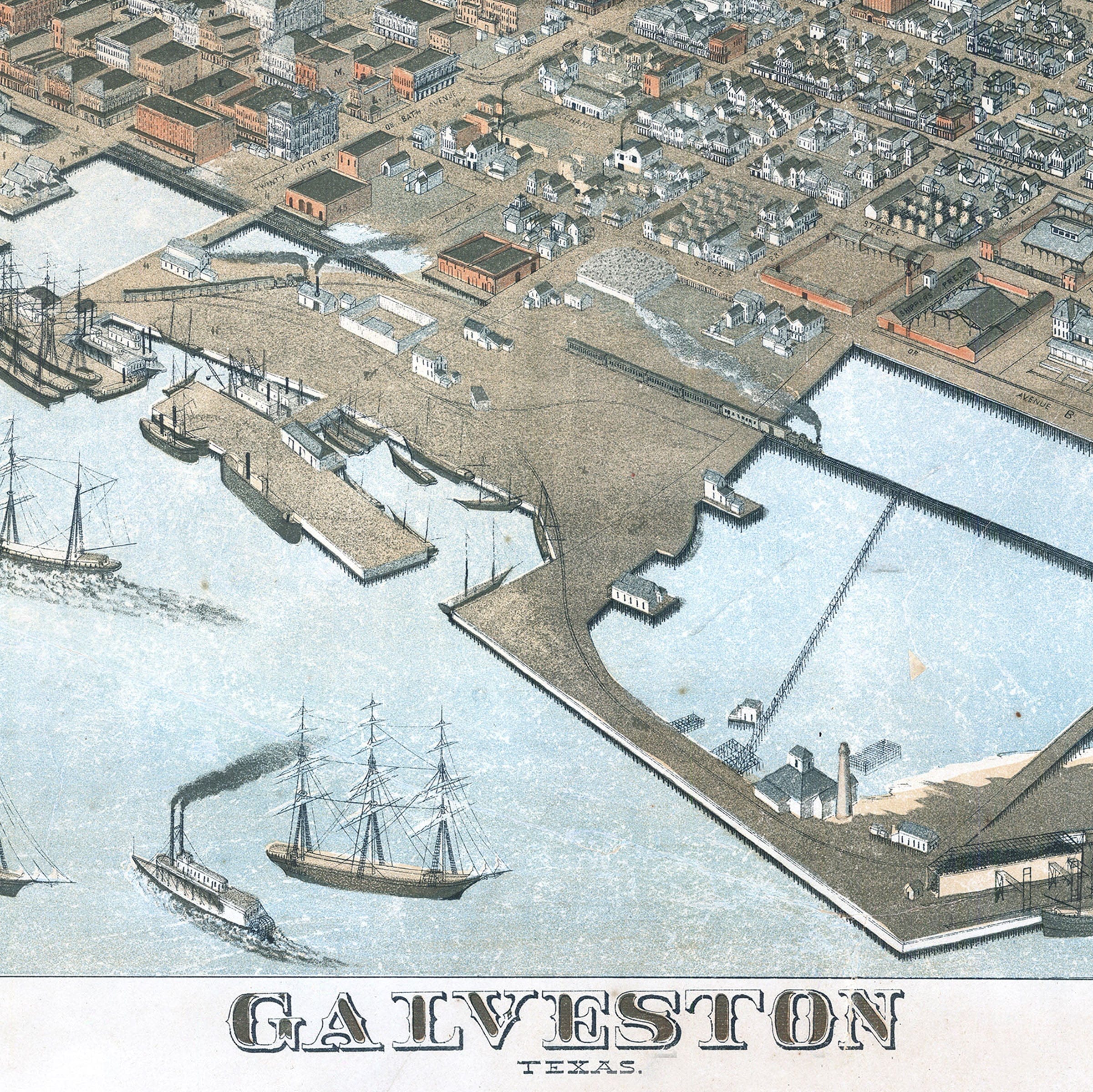 Galveston Vintage Map - 1885 Koch Historical Bird's-Eye City Map - Archive Prints