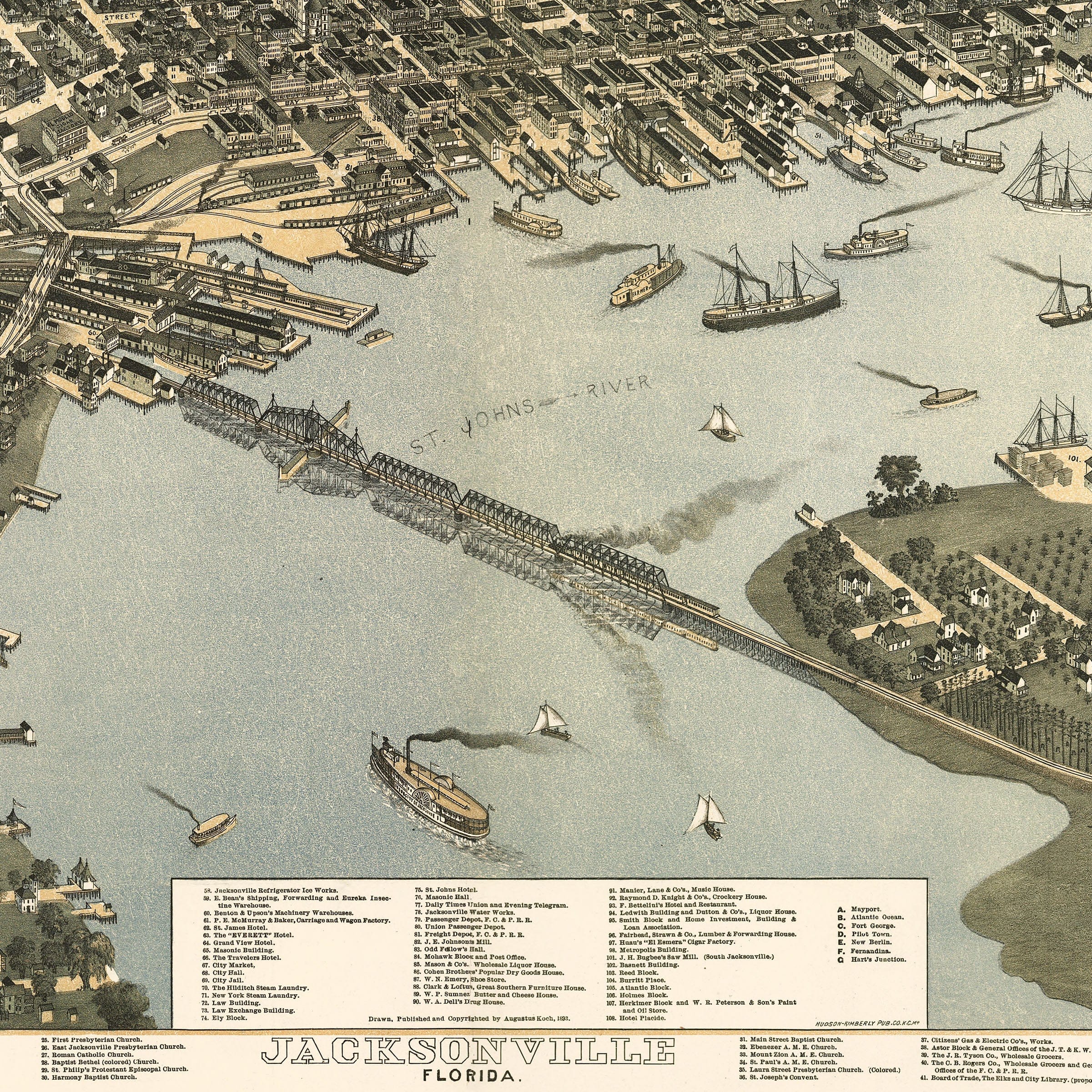 Jacksonville Florida Map - Bird's-Eye View 1893 Historic Gateway - Archive Prints