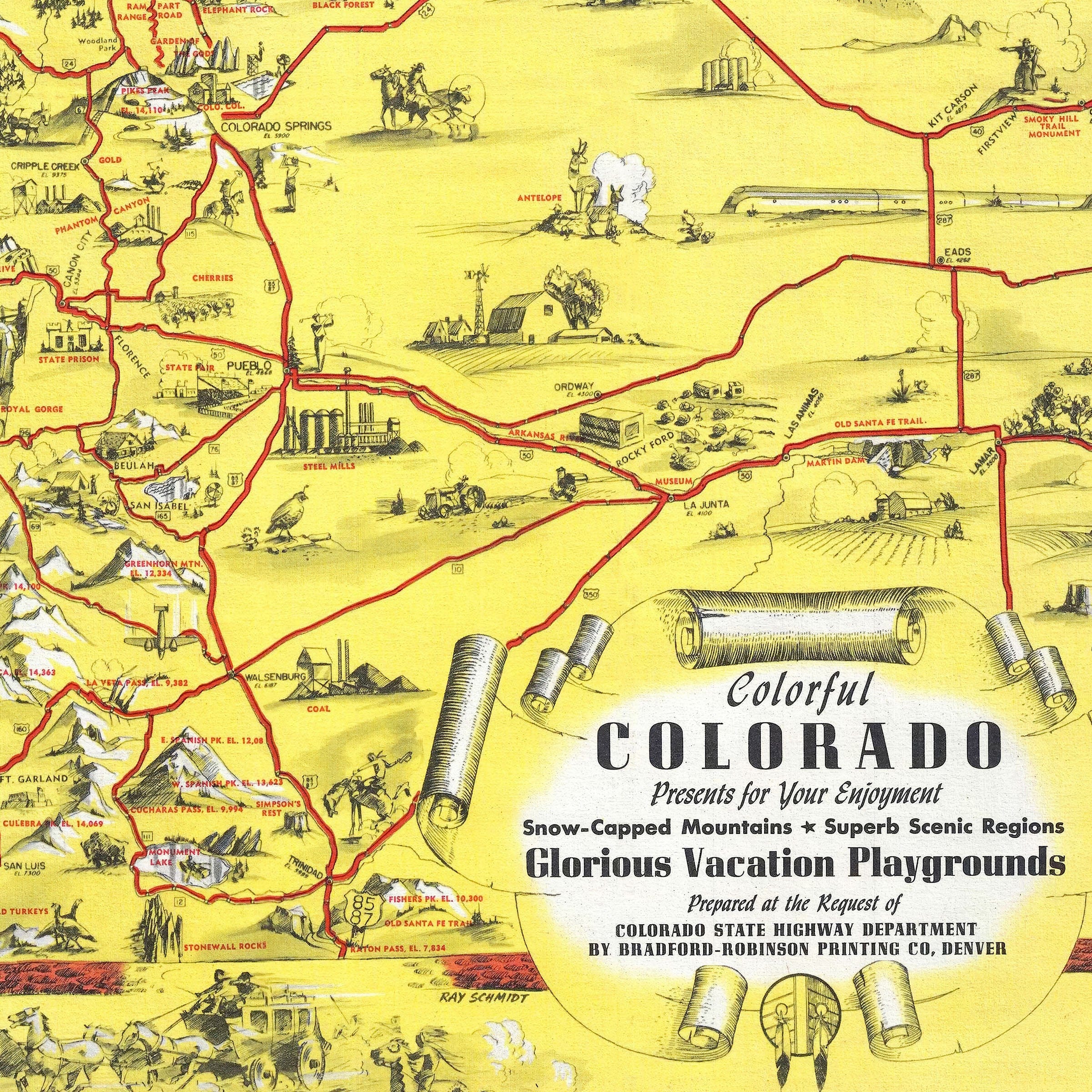 Colorful Colorado 1940 Vintage Pictorial Map Lithograph - Archive Prints