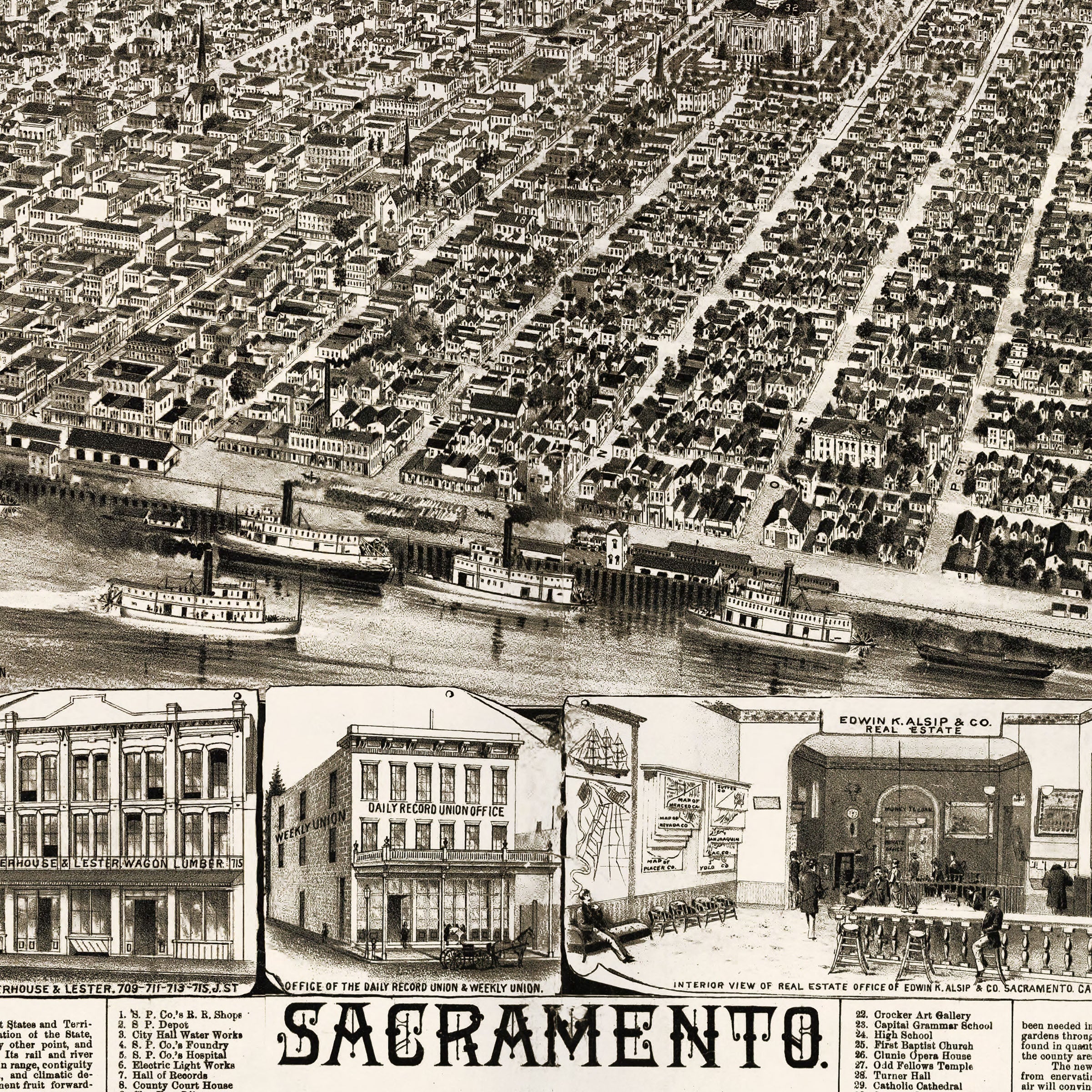 Sacramento Map 1890s - Vintage Bird's Eye View California State Capitol