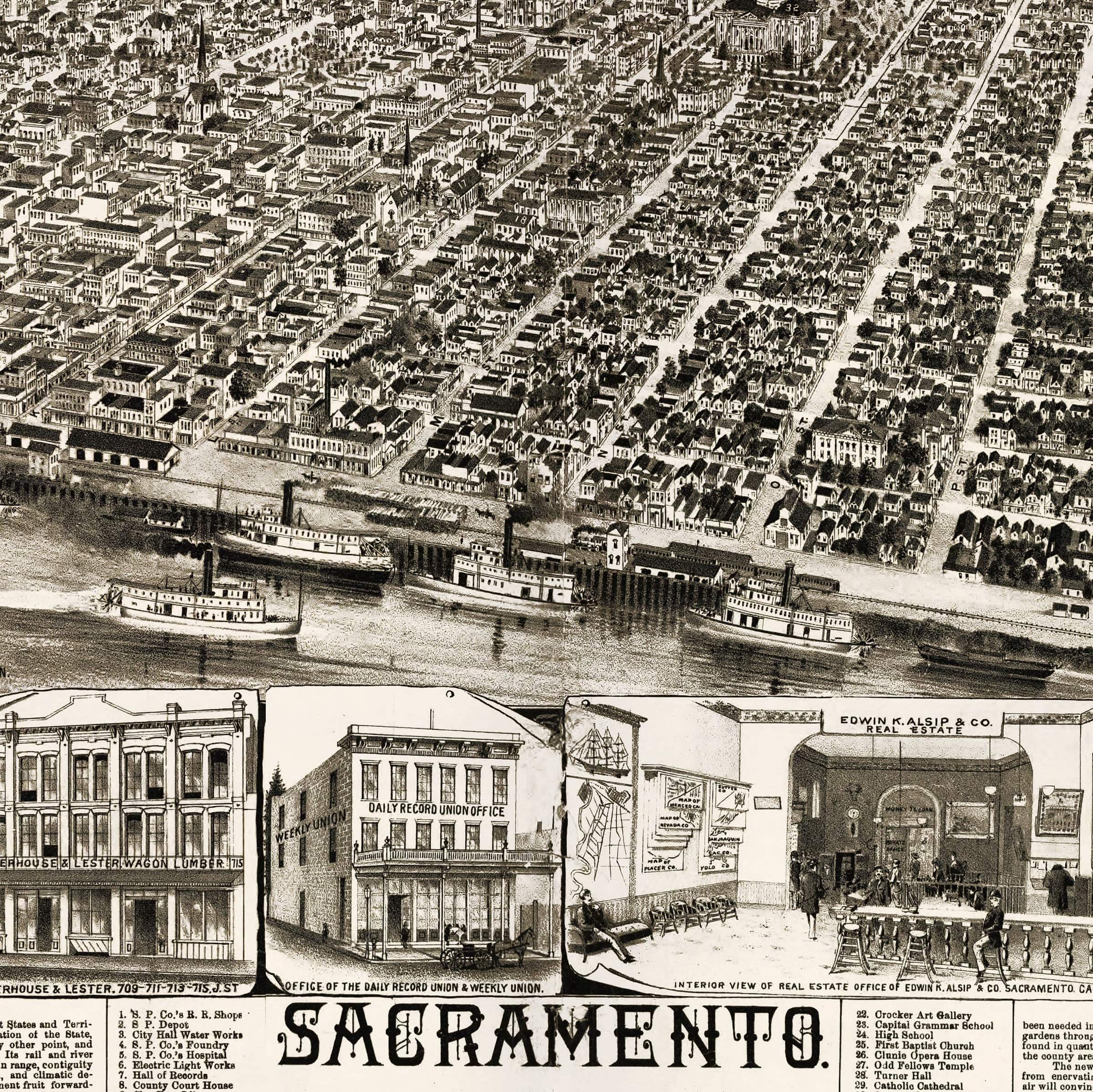 Sacramento 1890s Vintage Map - Bird's Eye View of California State Capitol - Archive Prints