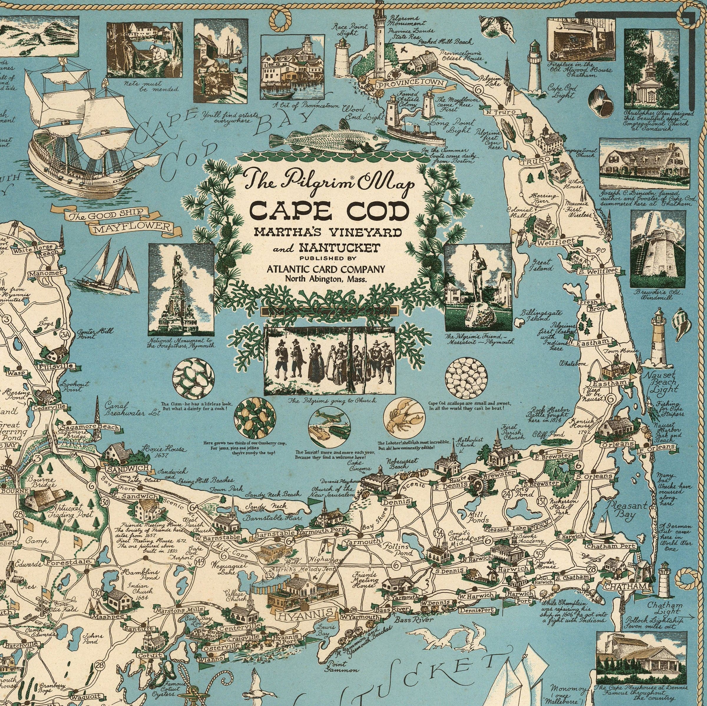 Cape Cod, Martha's Vineyard & Nantucket Map c.1950s - Archive Prints