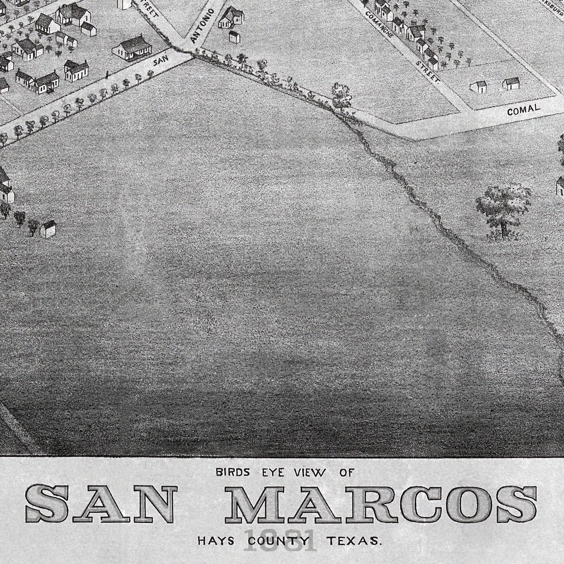 San Marcos Vintage Map - 1881 Bird's-Eye View of Texas - Archive Prints