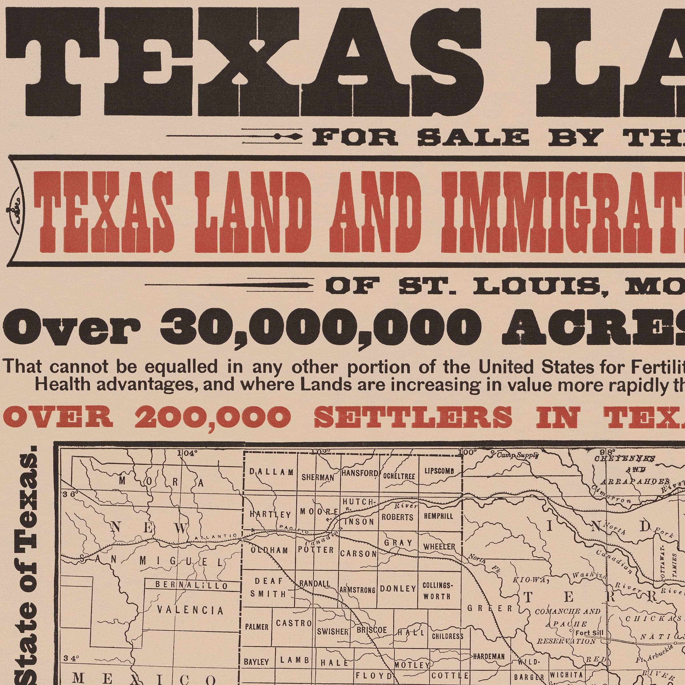 Texas Lands for Sale by the Texas Land and Immigration Co. c. 1890 - Archive Prints