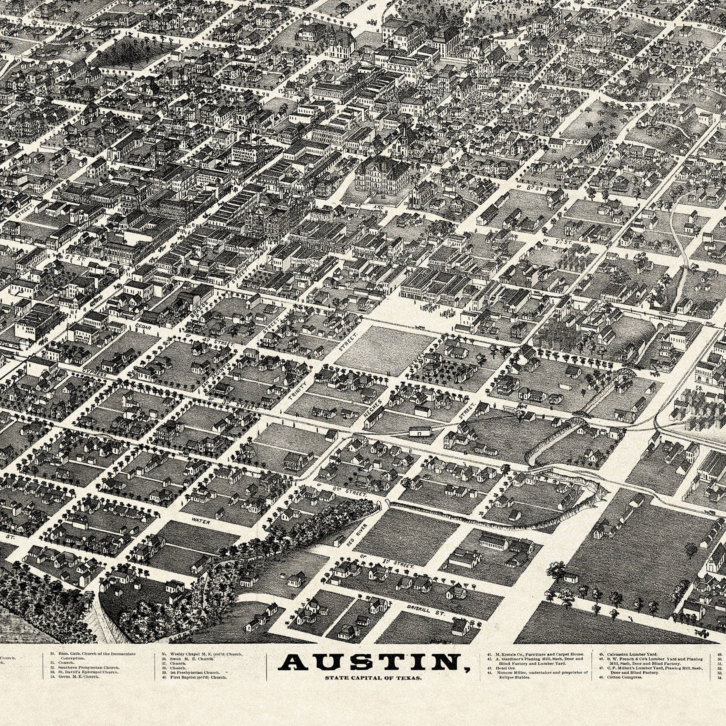Austin Bird's-Eye Map - Vintage 1887 Texas State Capital Historical Map for Collectors - Archive Prints