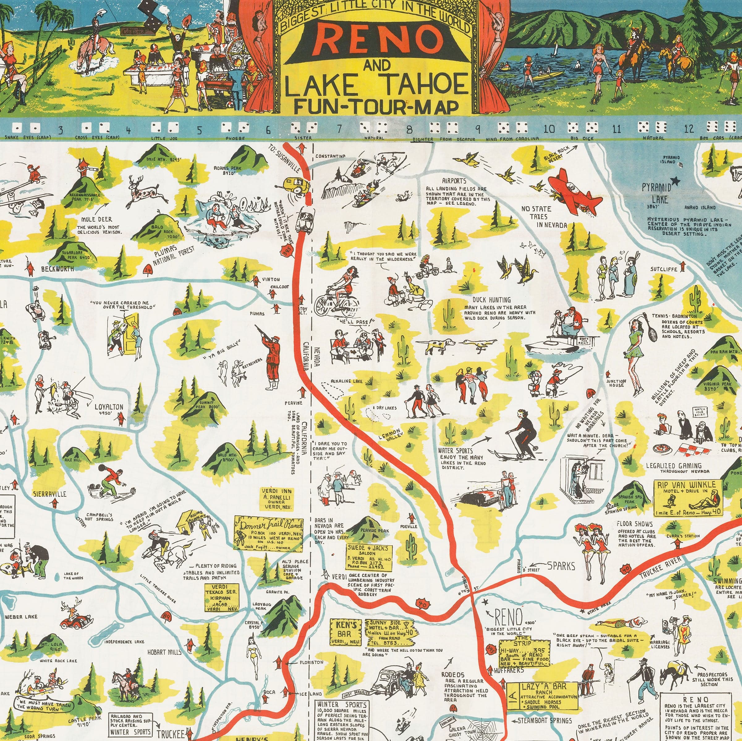 Reno & Lake Tahoe Vintage Map 1956 - Sierra Nevada Pictorial - Archive Prints