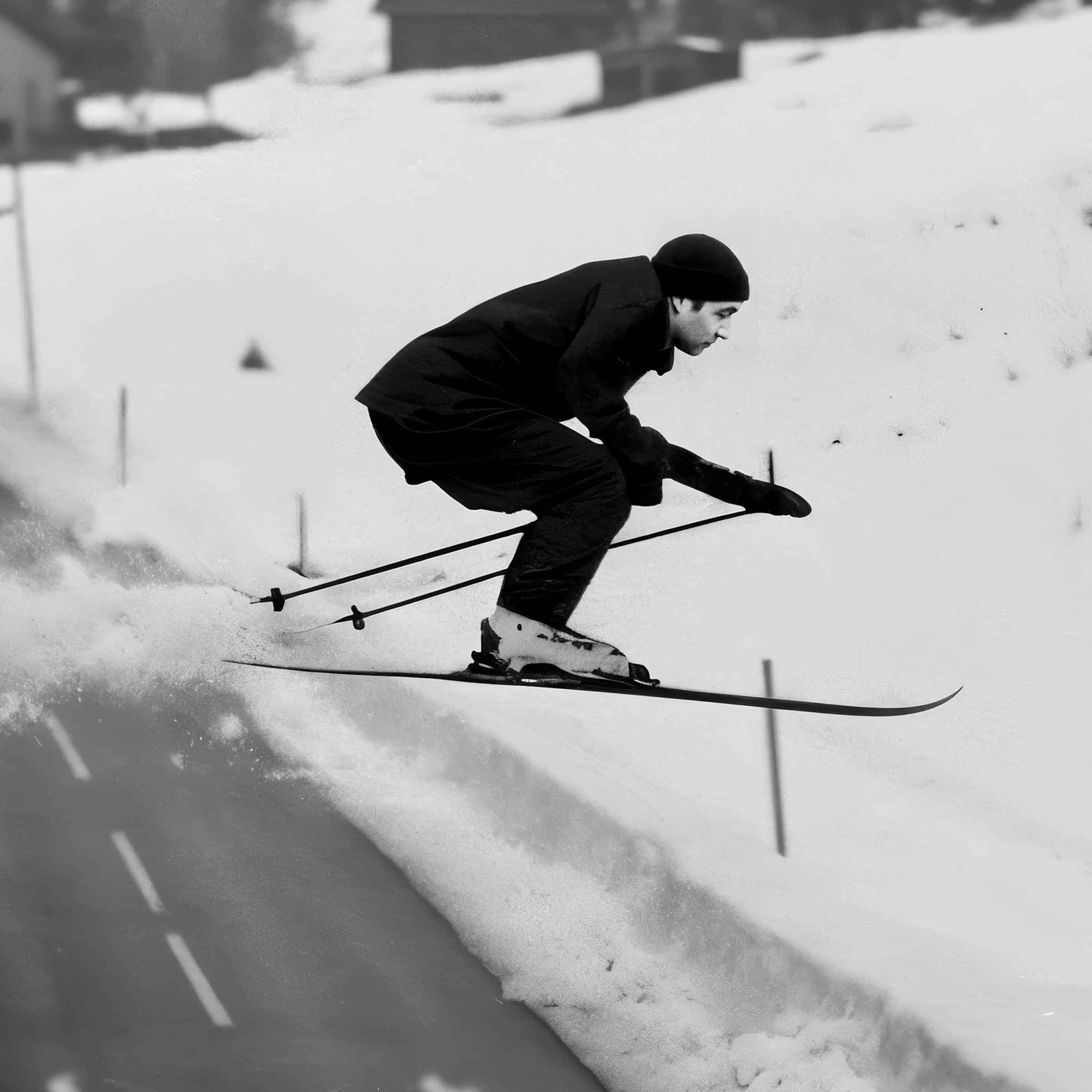 Vintage Ski Jump Photograph Over Car - Daredevil Winter Stunt