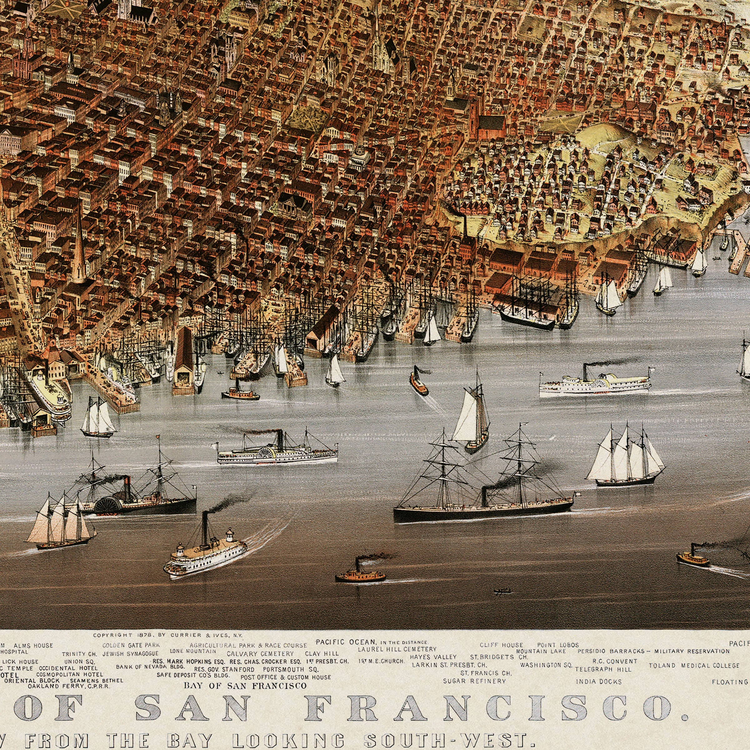 1878 San Francisco Bird's‑Eye Map • Restored Vintage Wall Art