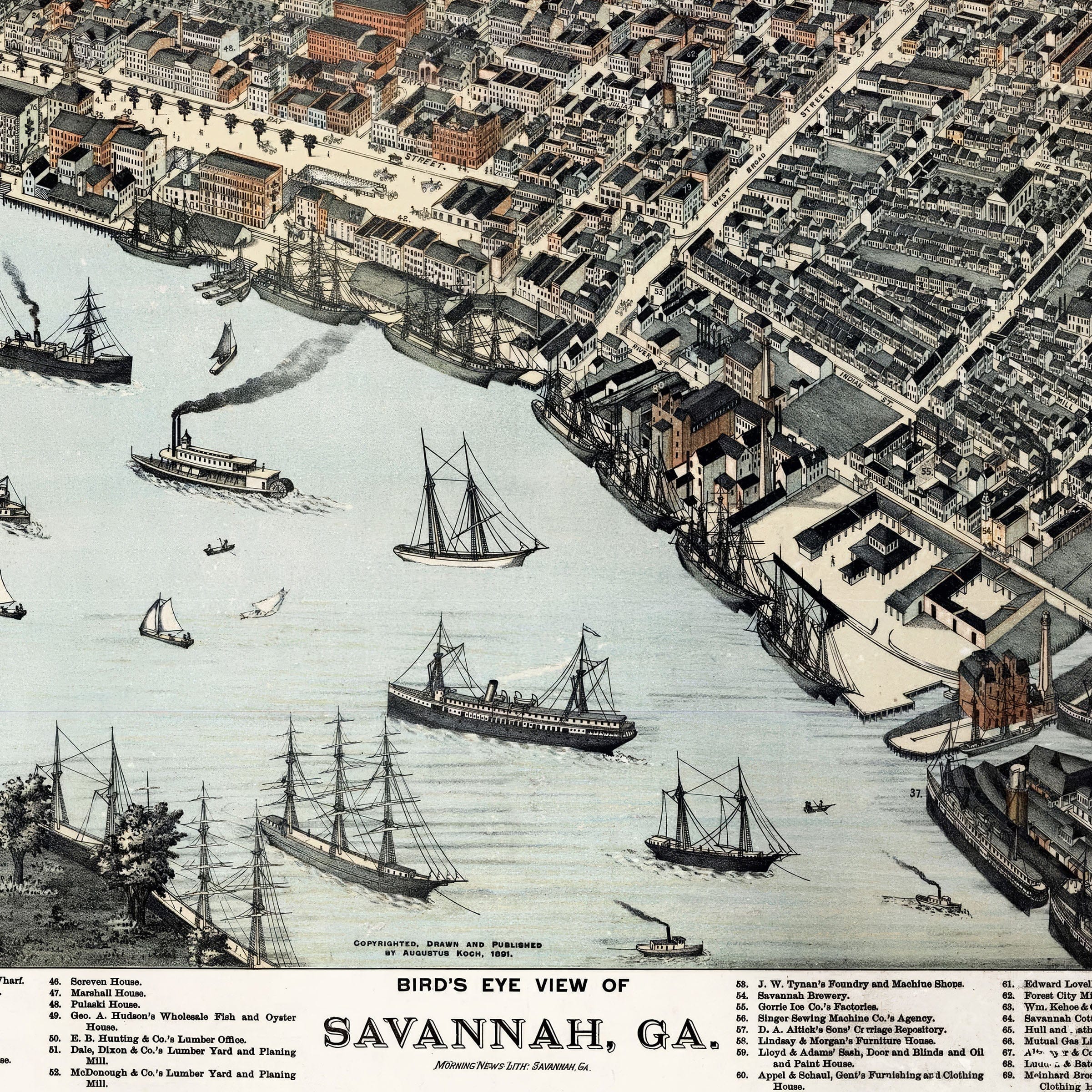 Savannah Georgia Historic Map - 1888 Bird's-Eye View of the City