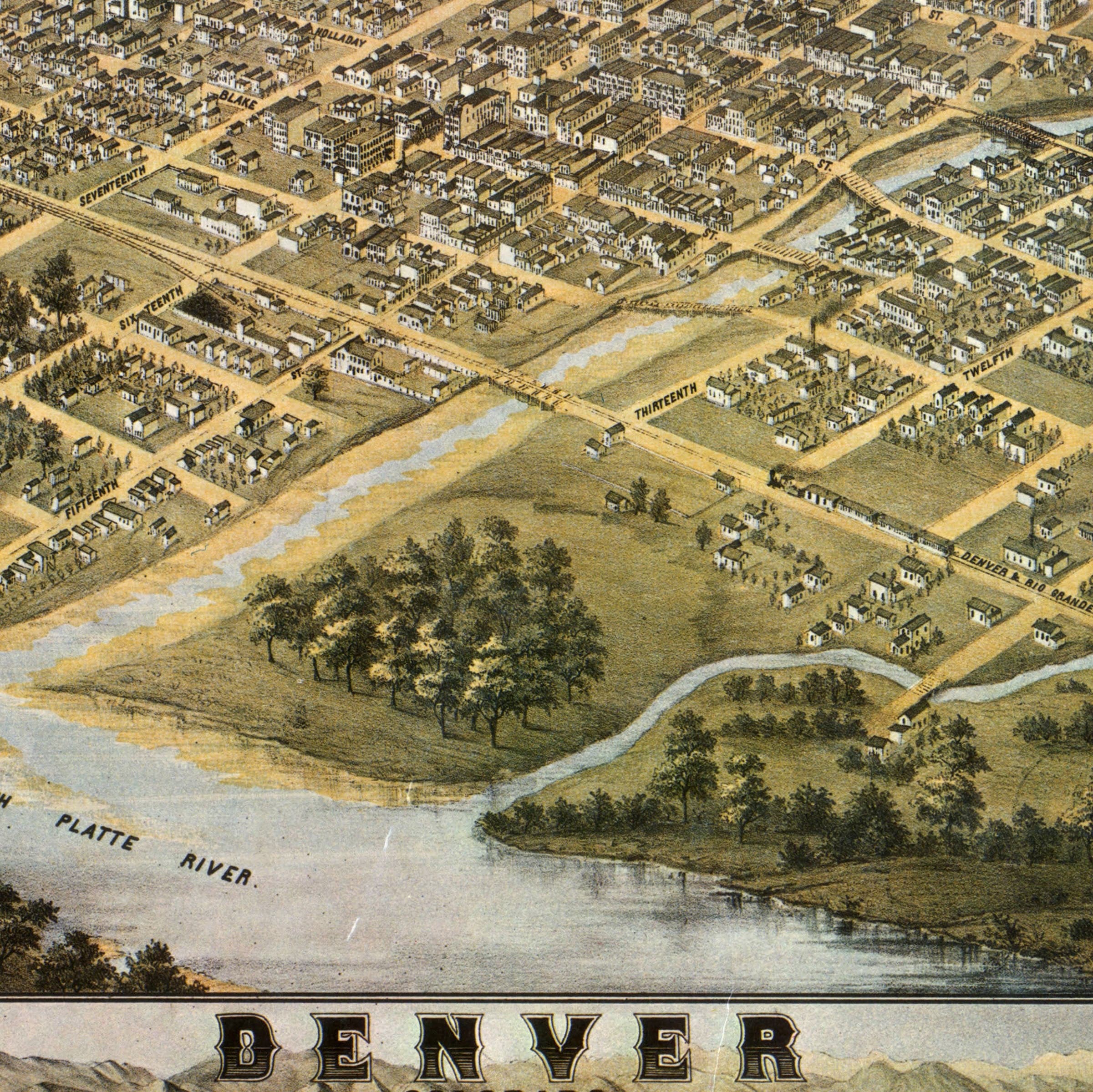 Denver Colorado Map - 1874 Bird's-Eye View Historic Mile High City Map - Archive Prints