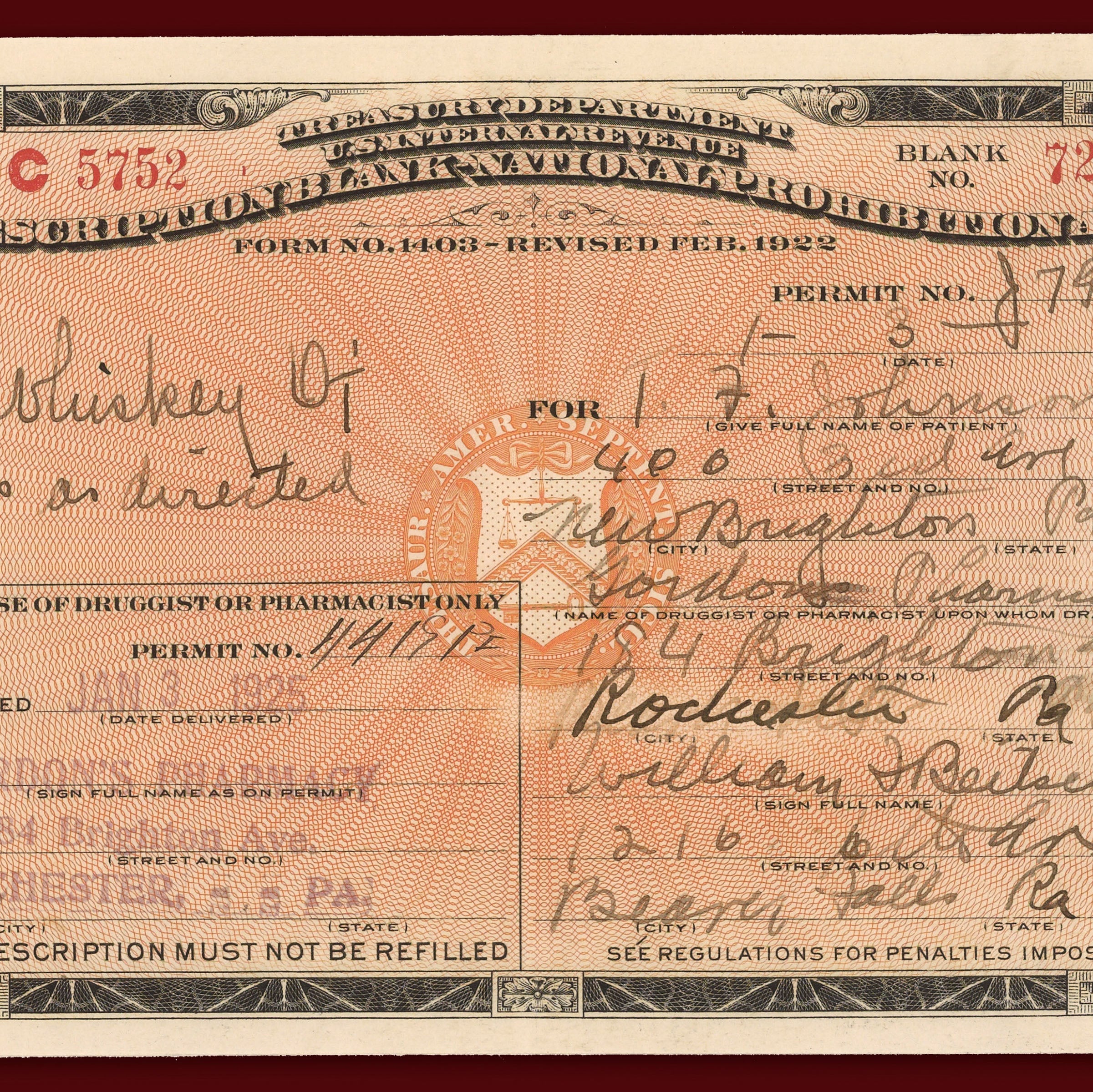 Prohibition Medicinal Whiskey Prescription - Historic Legal Loophole Document