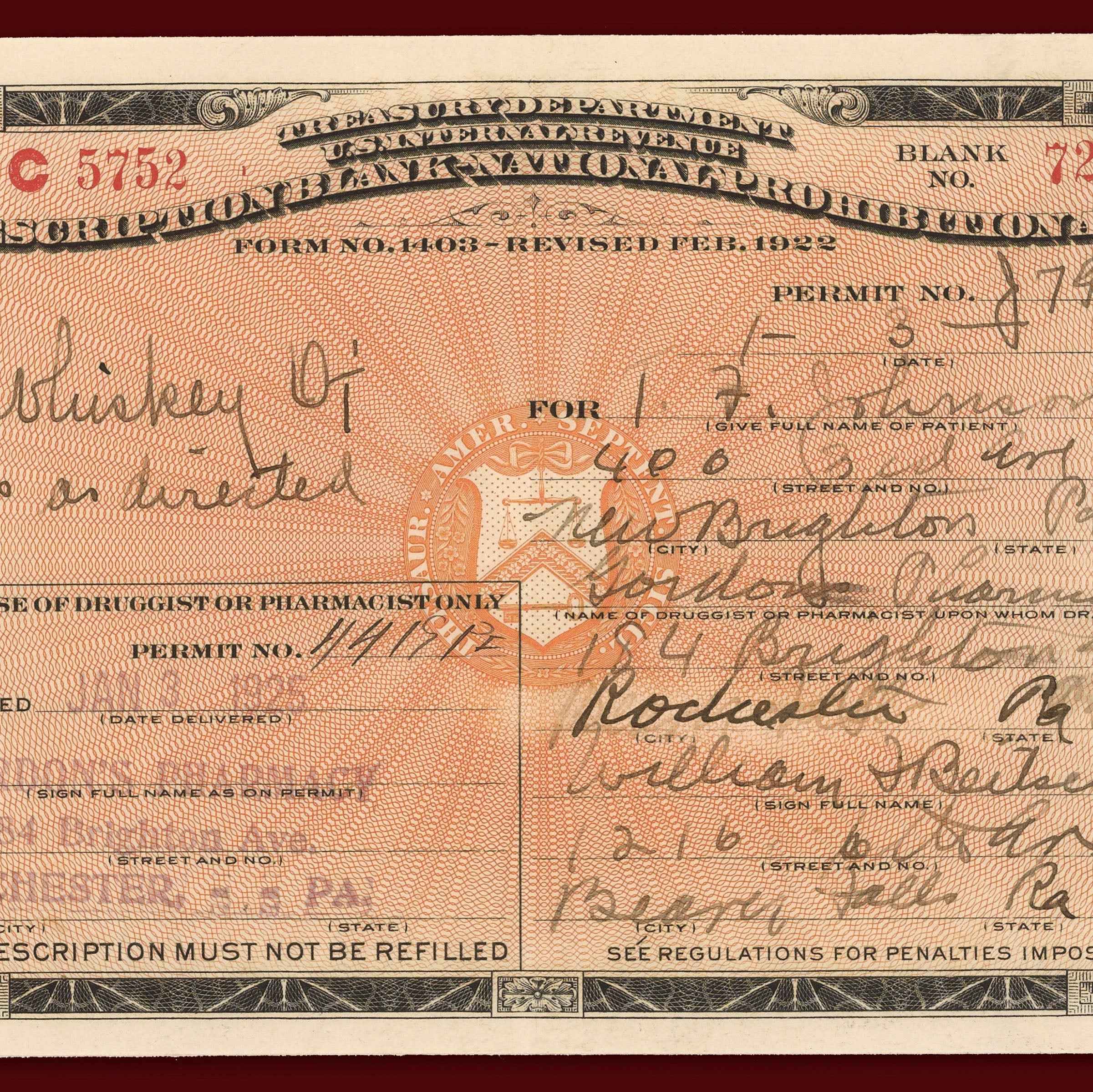 Prohibition Medicinal Whiskey Prescription - Historic Legal Loophole Document