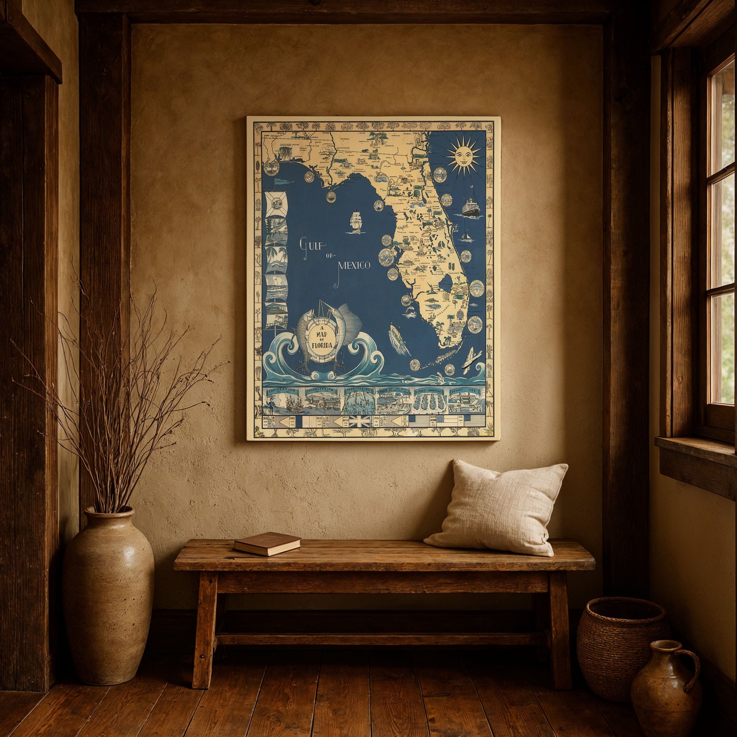 Antique Map of Florida c. 1930s - Pictorial Sunshine State - Archive Prints