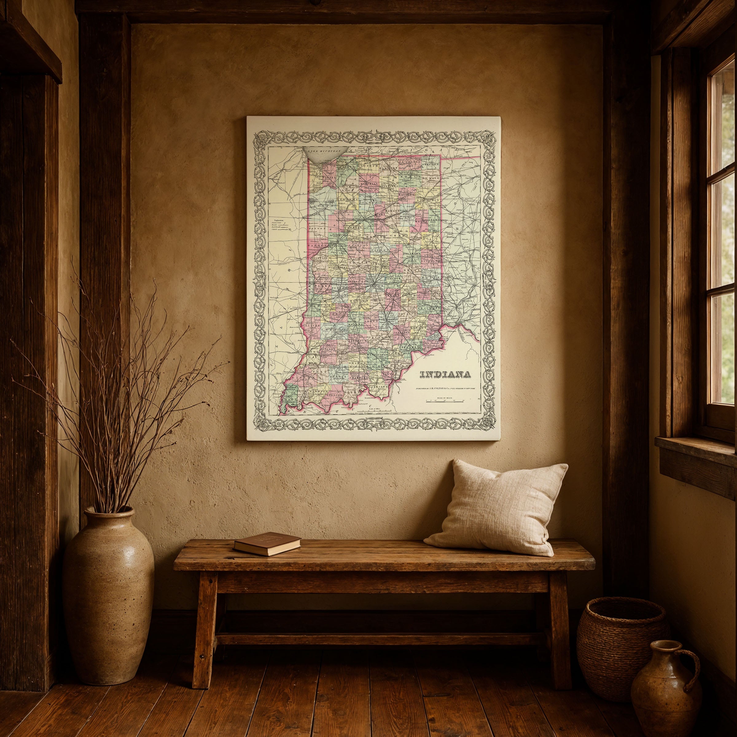 1856 Indiana Map — Vintage State Map by Colton (Restored)