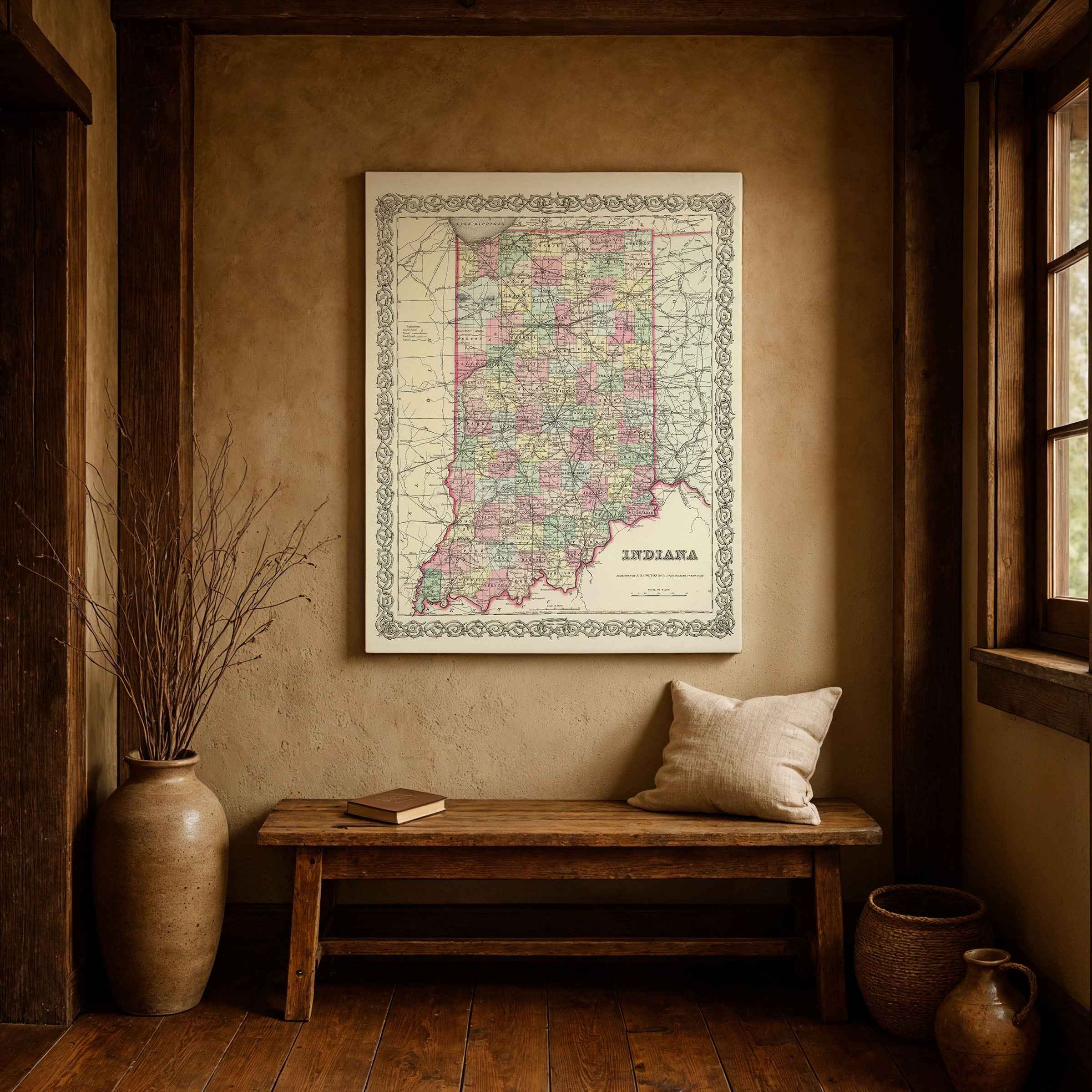1856 Indiana Map - Vintage State Map by Colton (Restored) for Collectors