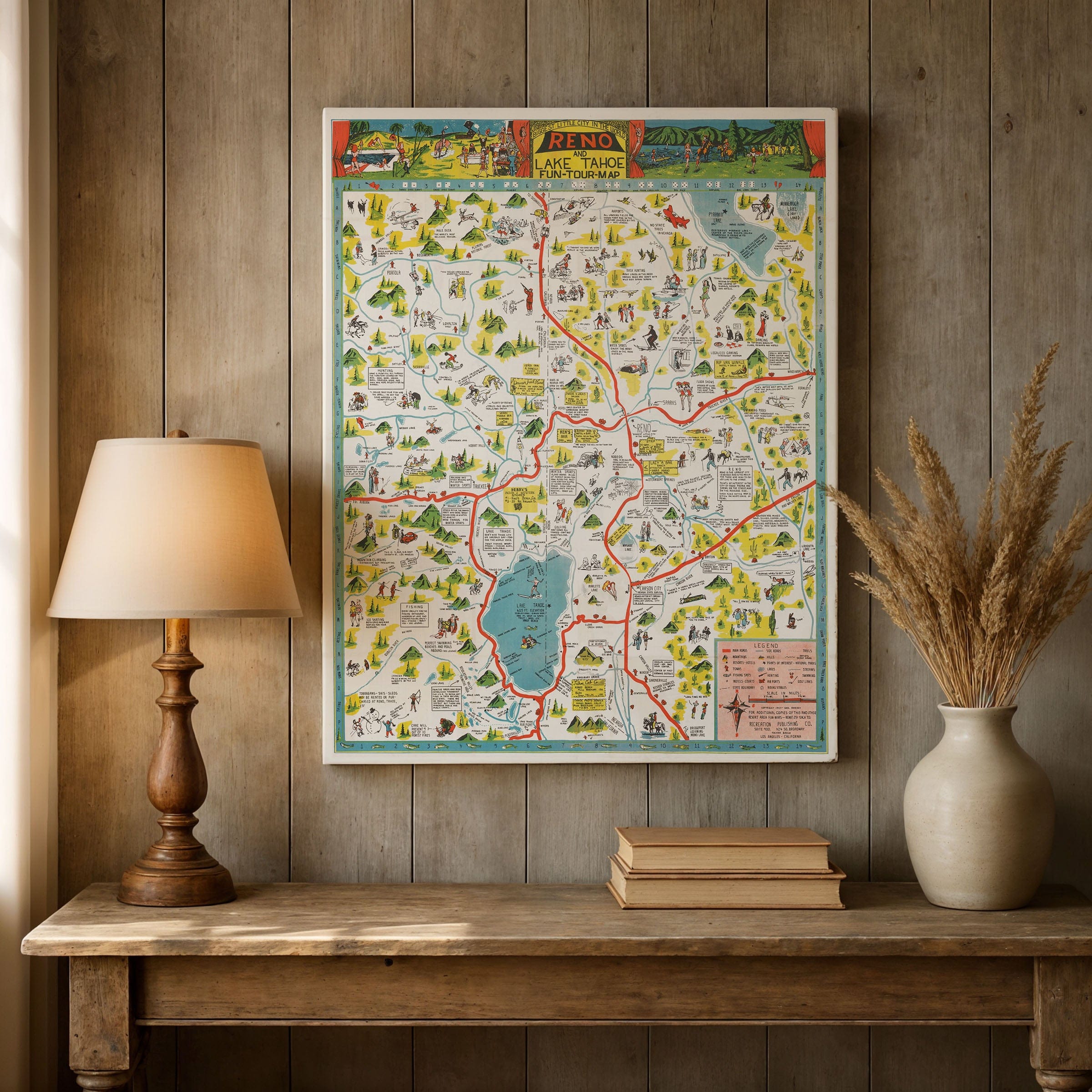 Reno & Lake Tahoe Vintage Map 1956 - Sierra Nevada Pictorial - Archive Prints