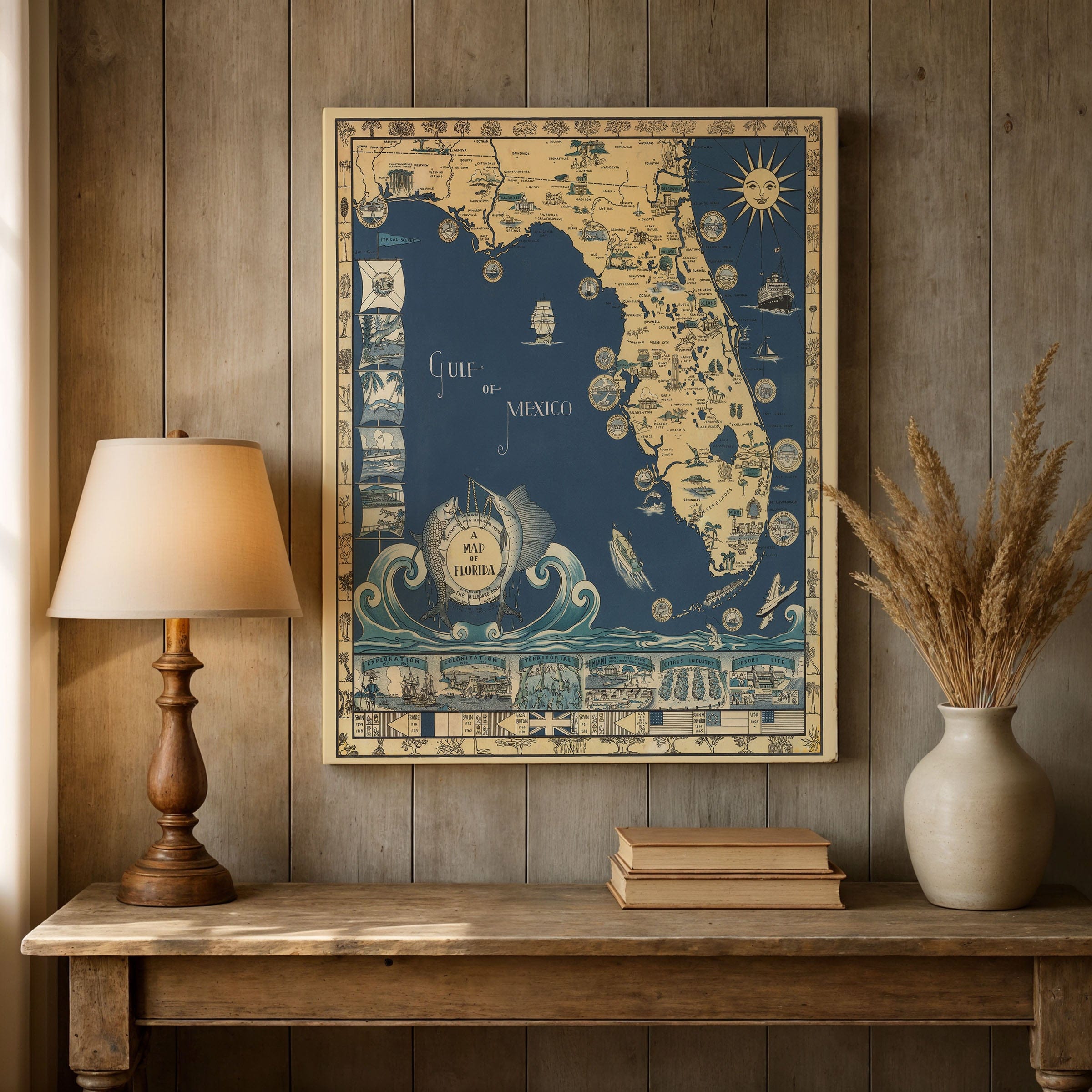 Antique Map of Florida c. 1930s - Pictorial Sunshine State - Archive Prints