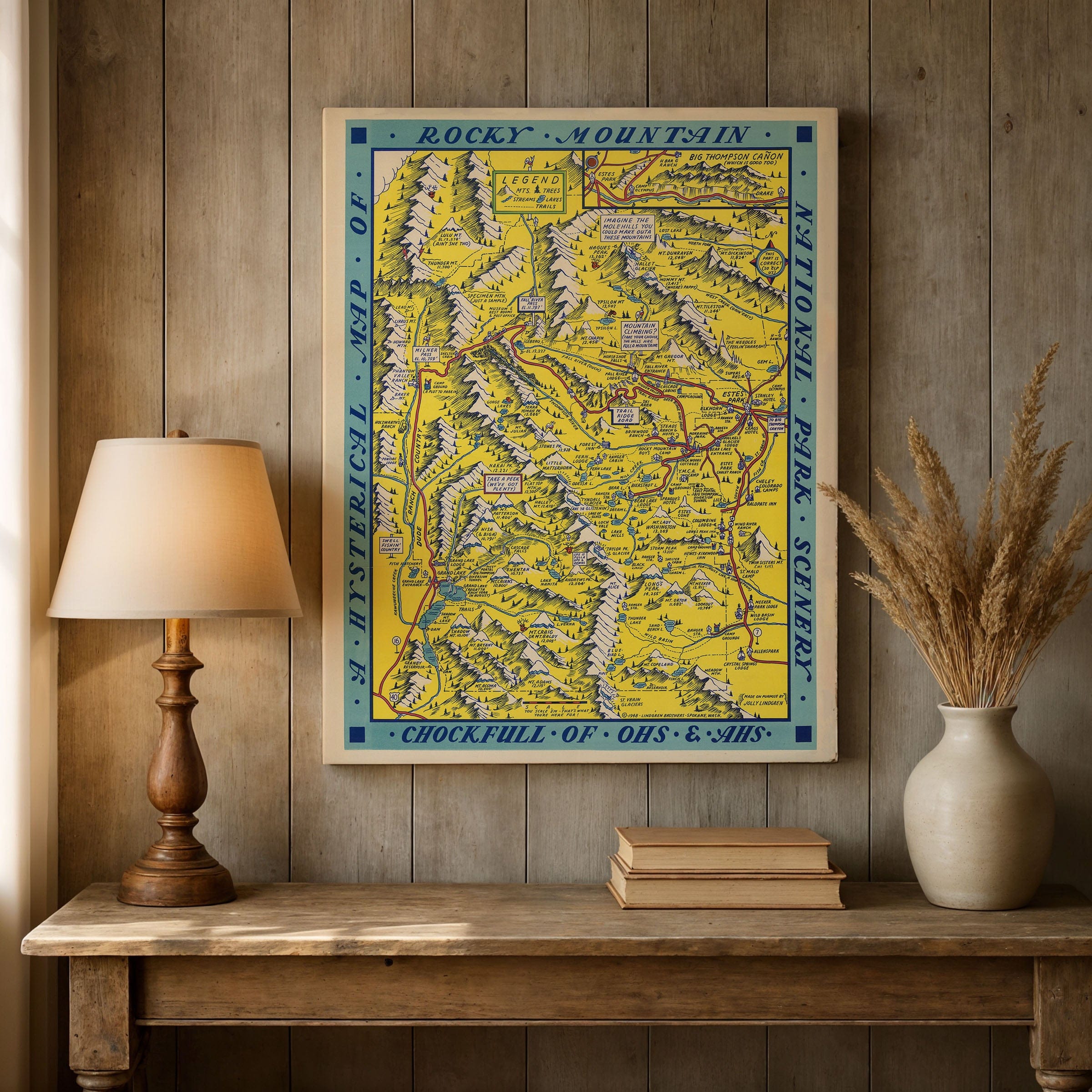 Hysterical Map of Rocky Mountain National Park 1948 - Jolly Lindgren Pictorial Map - Archive Prints