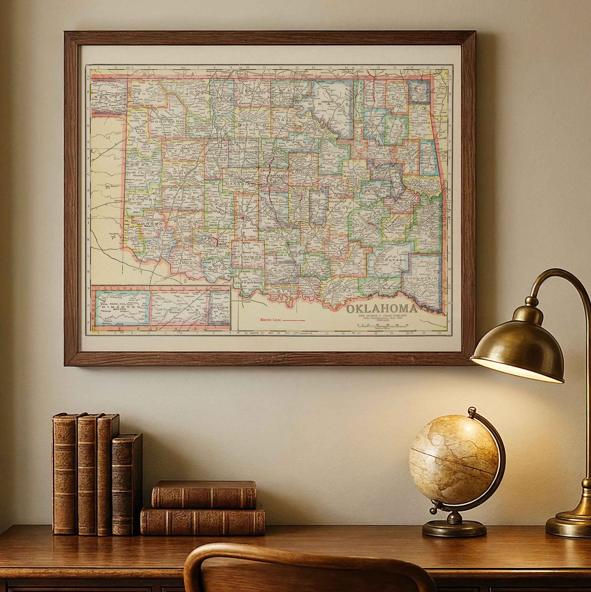 Oklahoma Map - Vintage 1925 George F. Cram Historical Map