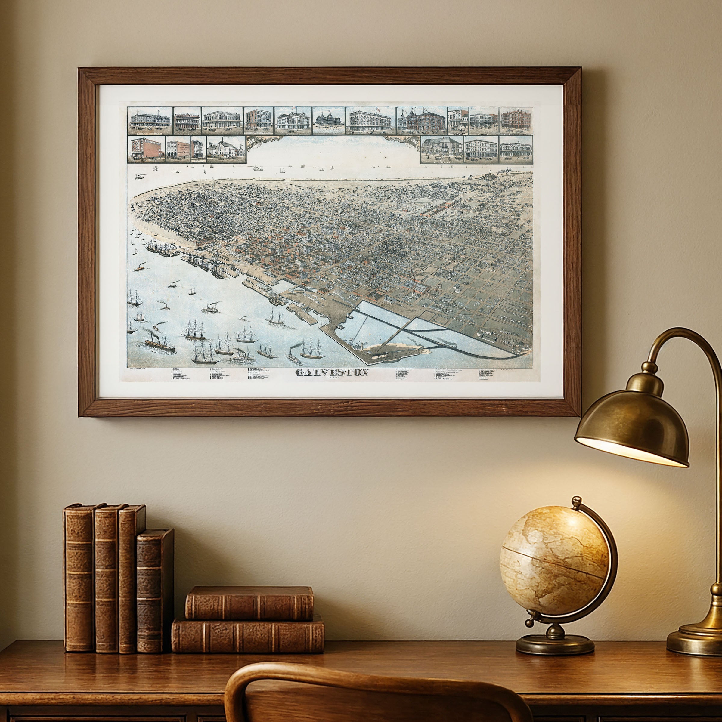 Galveston Bird's-Eye Map - Vintage 1885 Koch Historical City Map