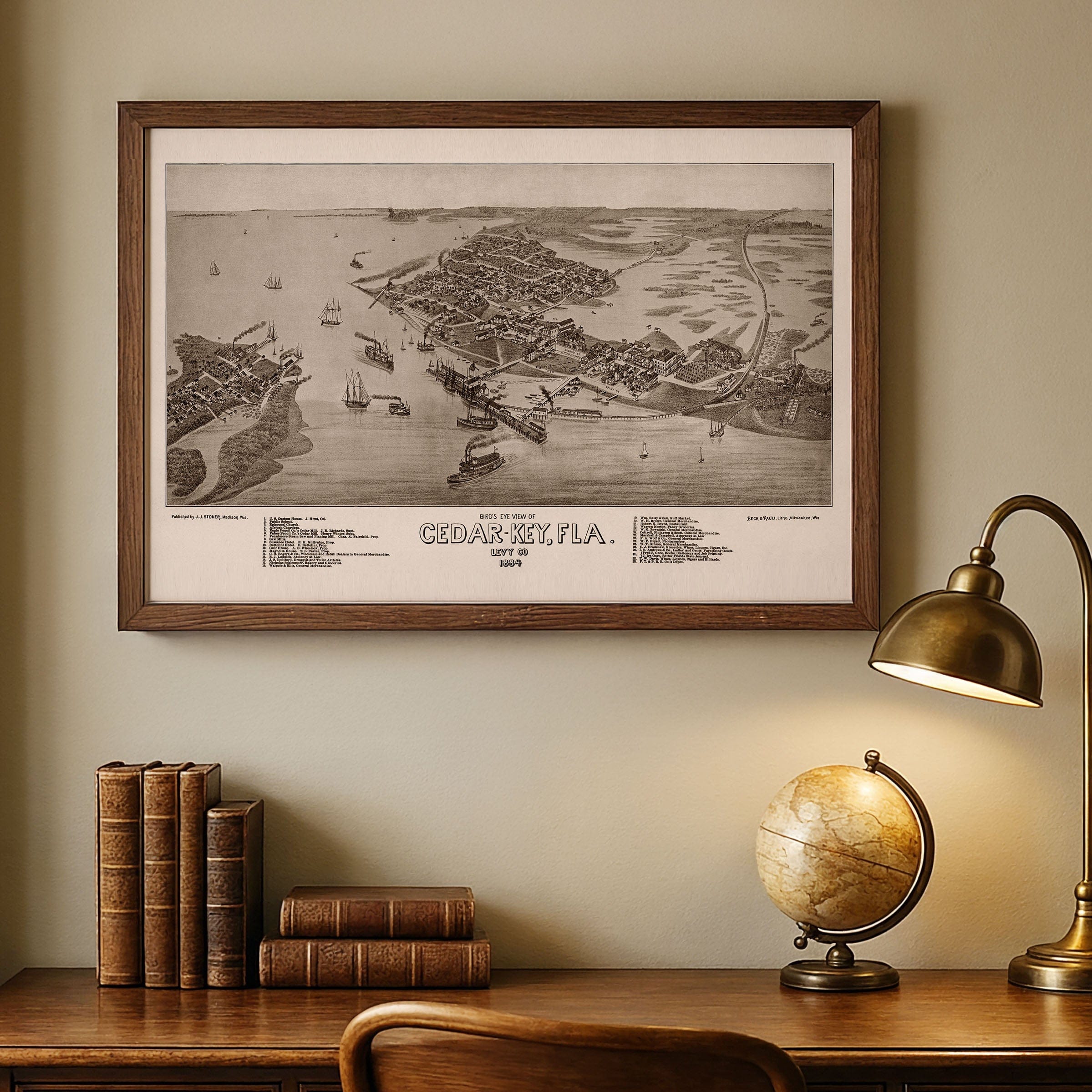 Cedar Key Florida Map - 1884 Historic Gulf Coast Bird's-Eye View - Archive Prints