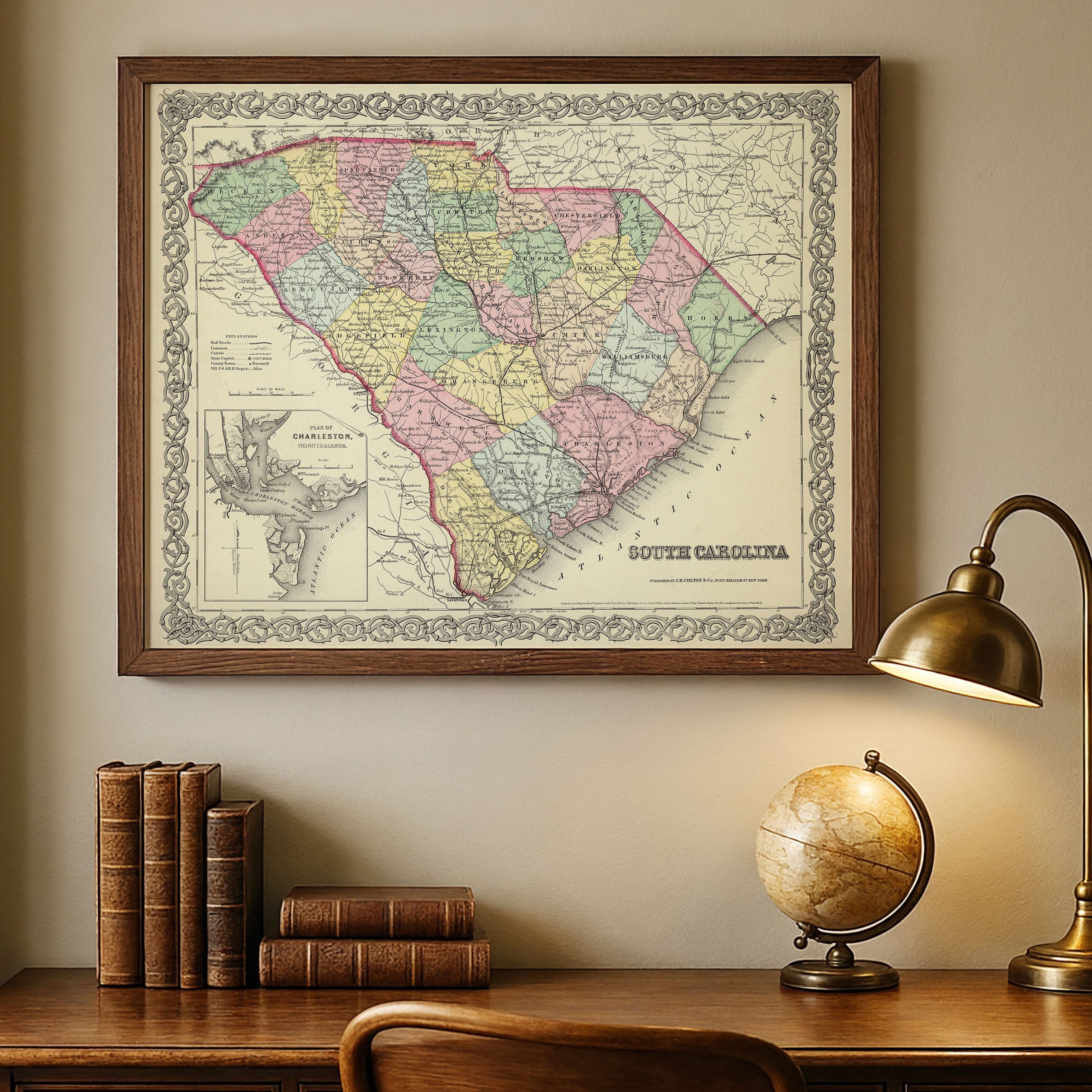 South Carolina Map - Vintage 1856 Colton Historical Map with Charleston Harbor