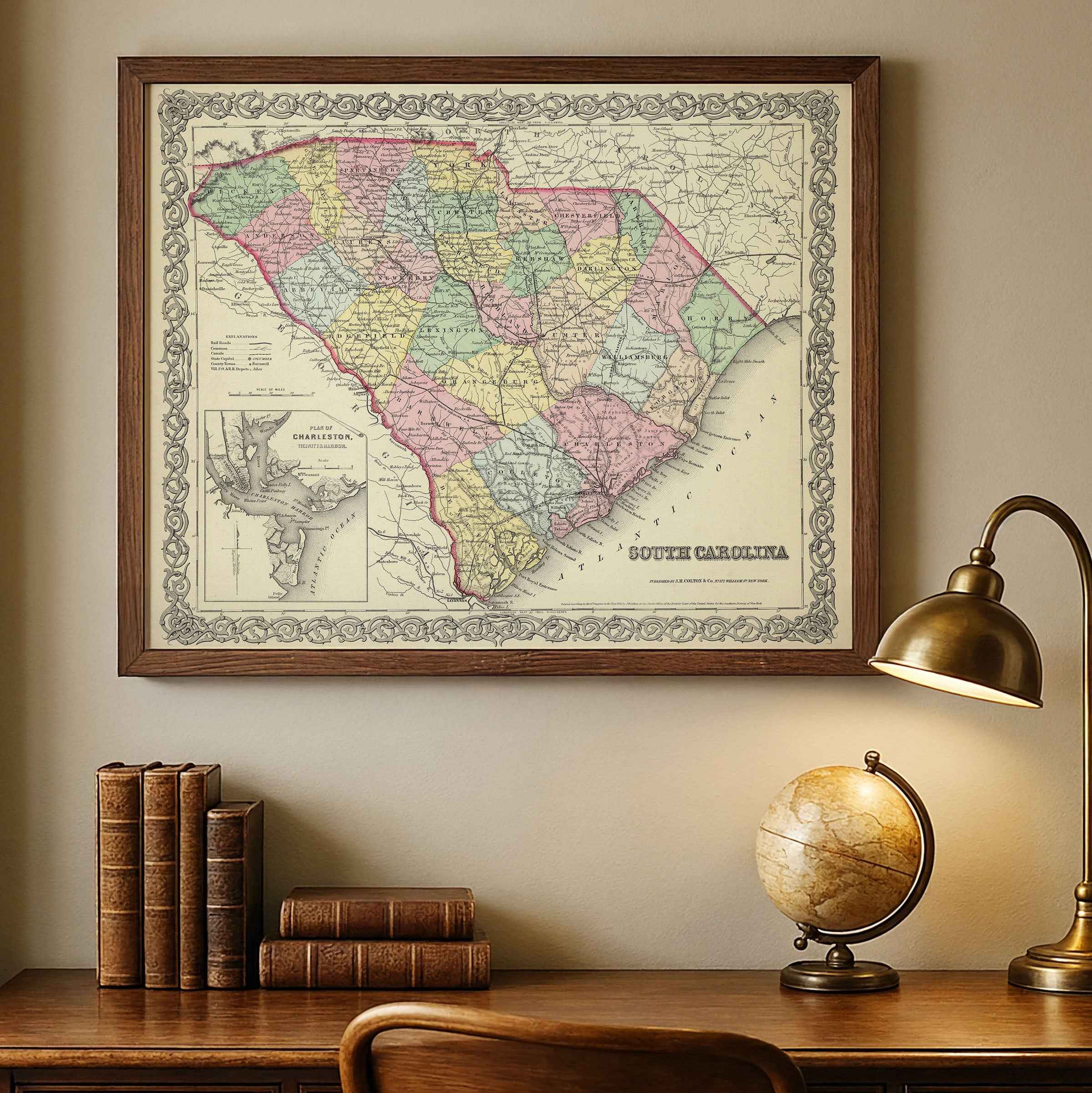South Carolina Map - Vintage 1856 Colton Historical Map with Charleston Harbor