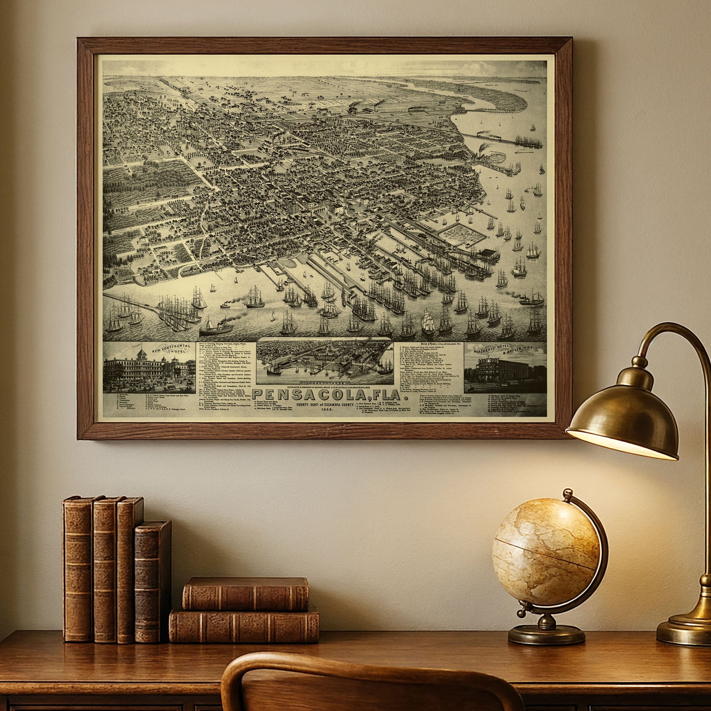 Pensacola, Florida Map - 1885 Bird's-Eye View Historic Gulf Coast Map - Archive Prints