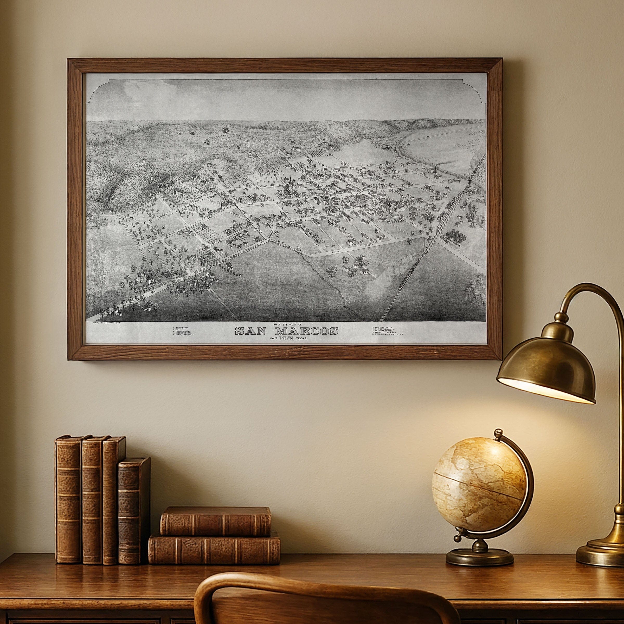 San Marcos Vintage Map - 1881 Bird's-Eye View of Texas - Archive Prints