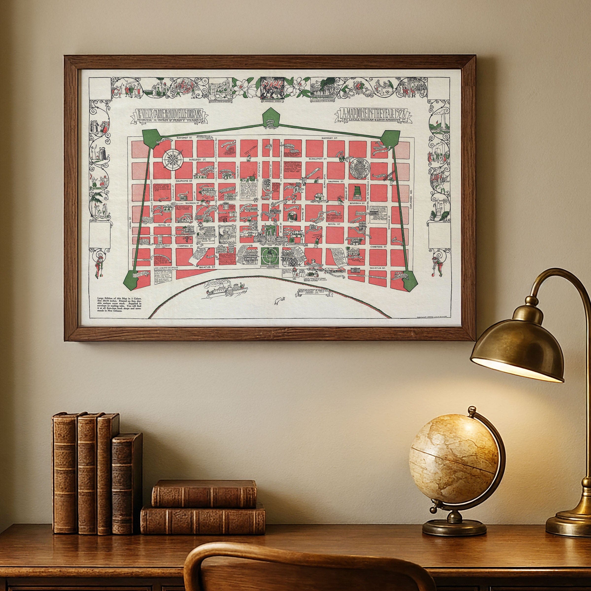 Vieux Carre, Nouvelle Orleans Vintage Map 1928 - French Quarter Pictorial - Archive Prints